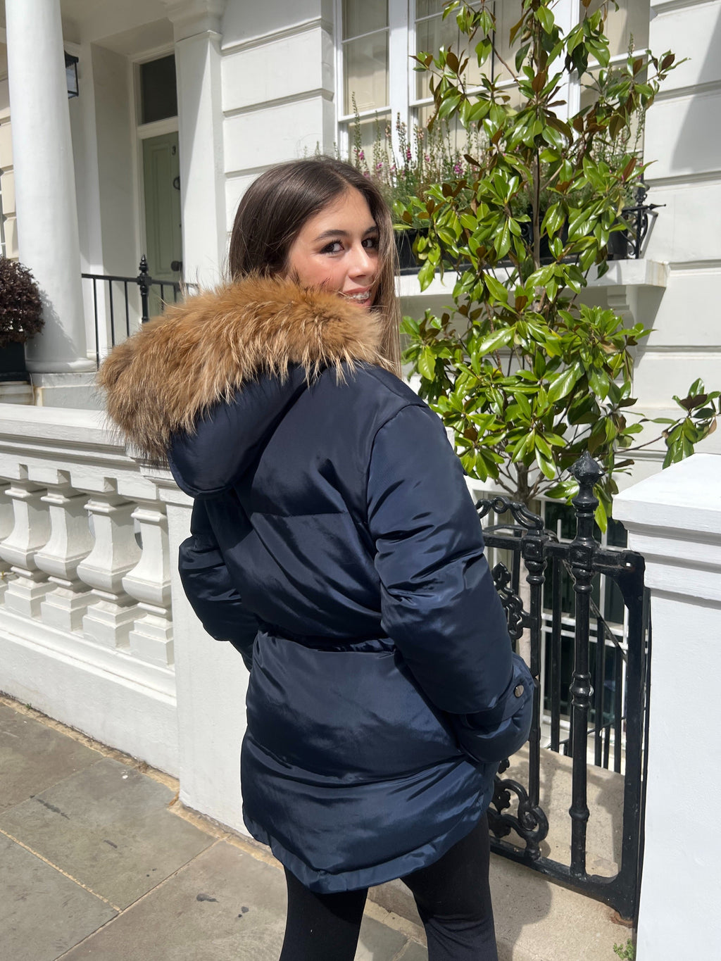 Navy/Natural Drawstring Luxury Fur Padded Belted Coat