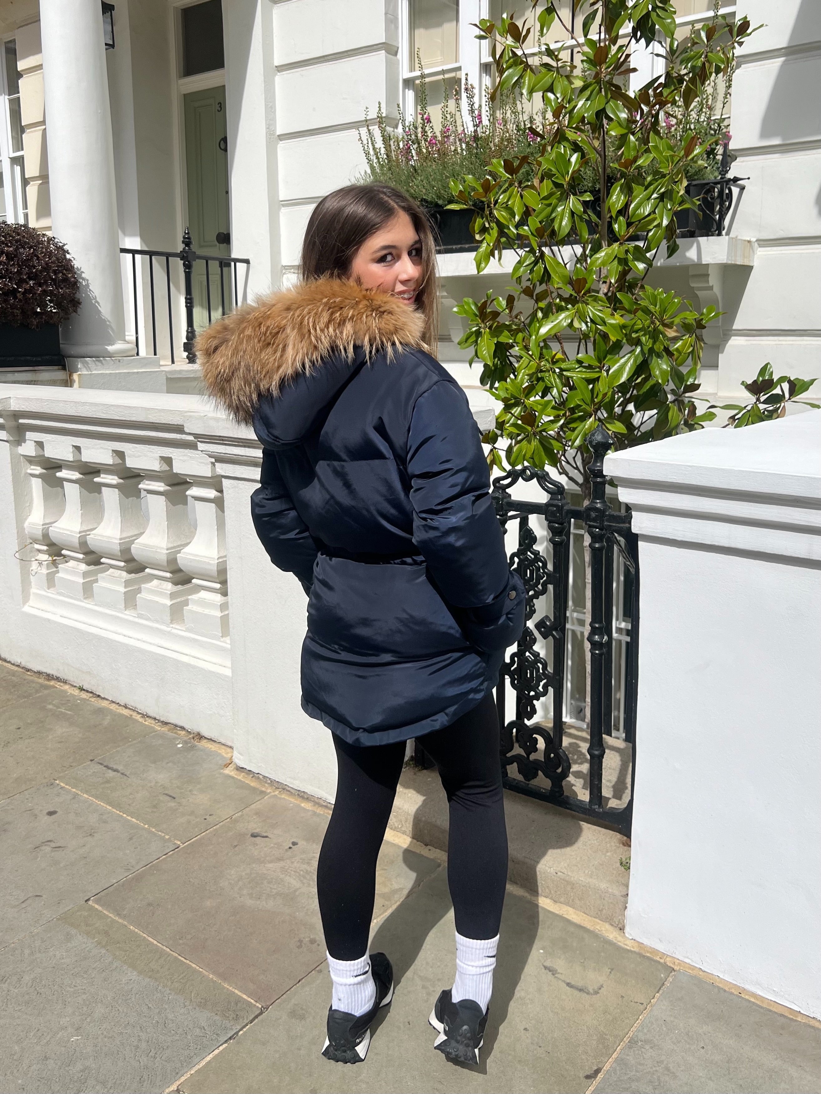 Navy/Natural Drawstring Luxury Fur Padded Belted Coat