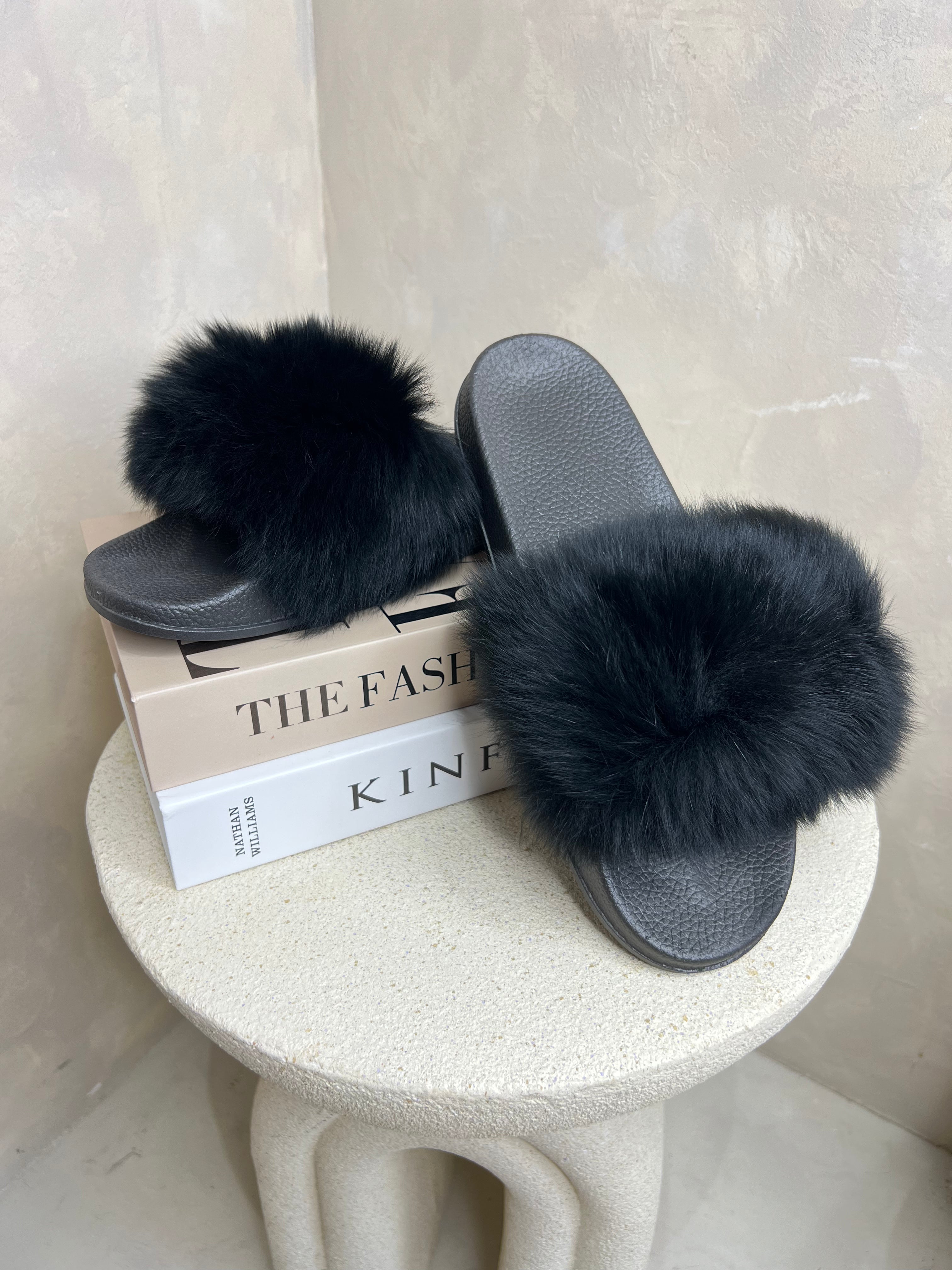 Black Luxury Fur Sliders