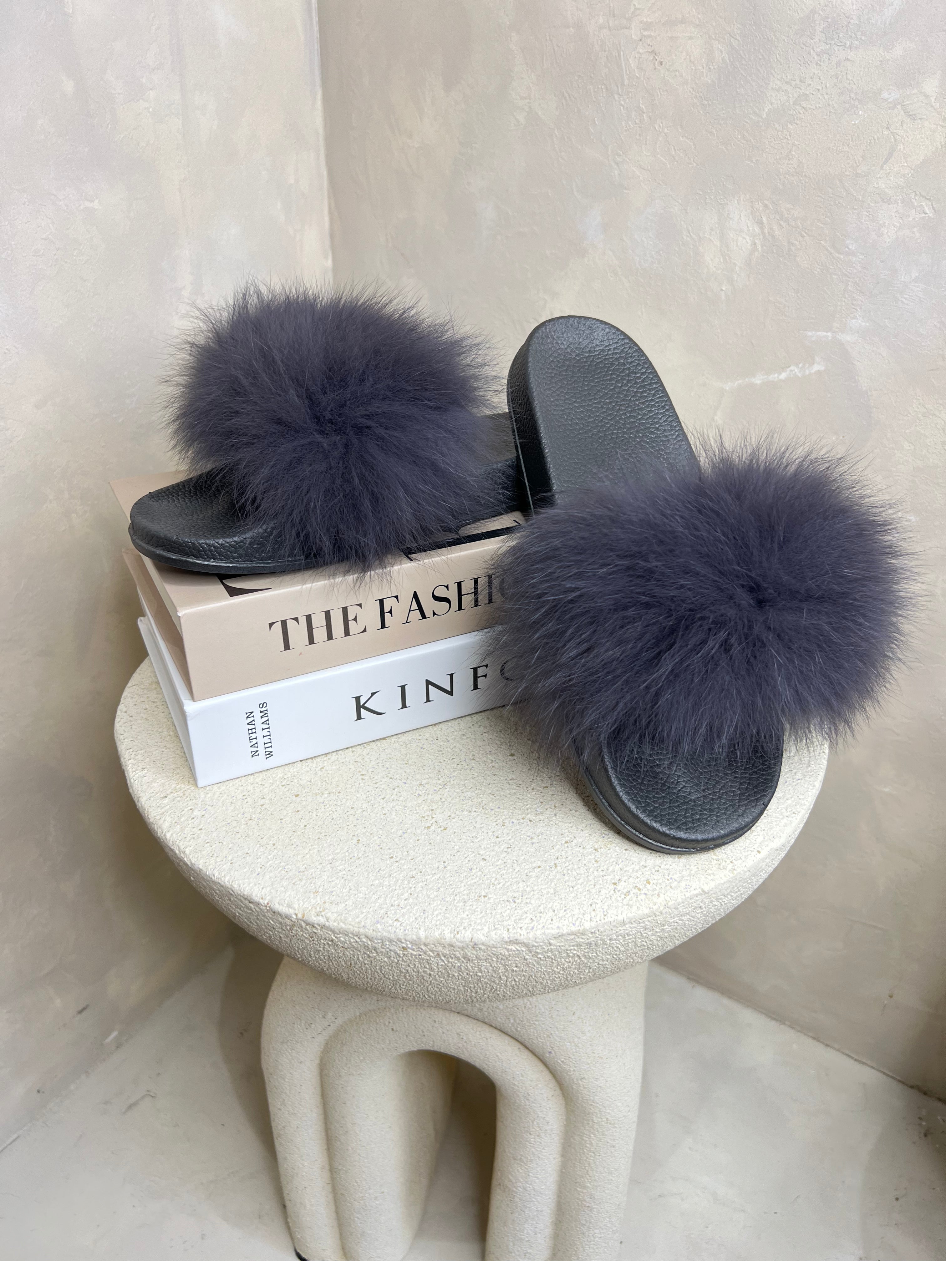 Charcoal Luxury Fur Sliders
