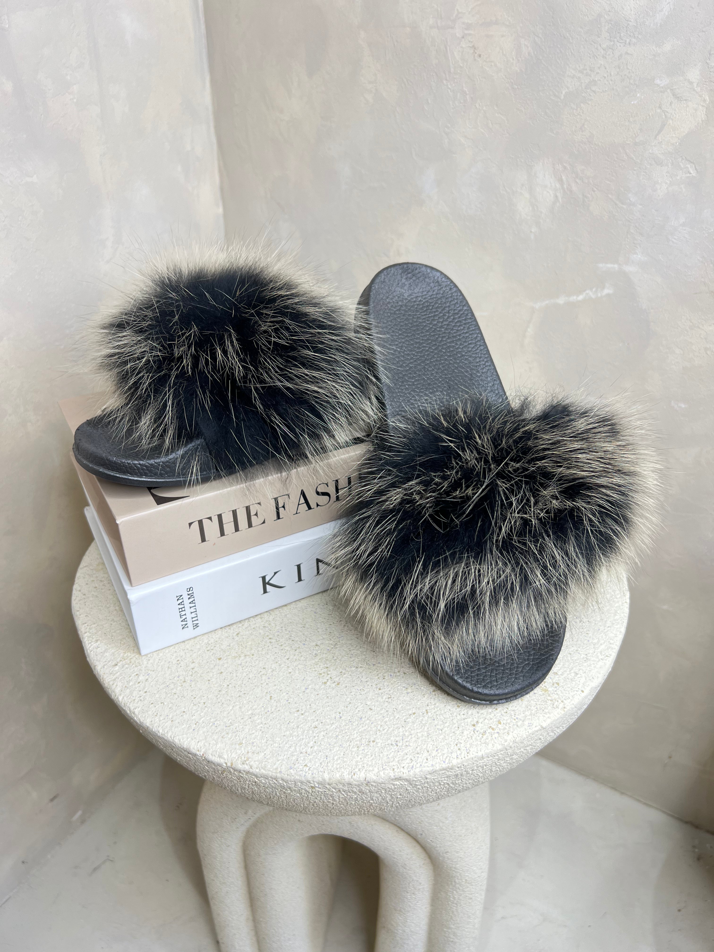 Two Tone Grey Luxury Fur Sliders