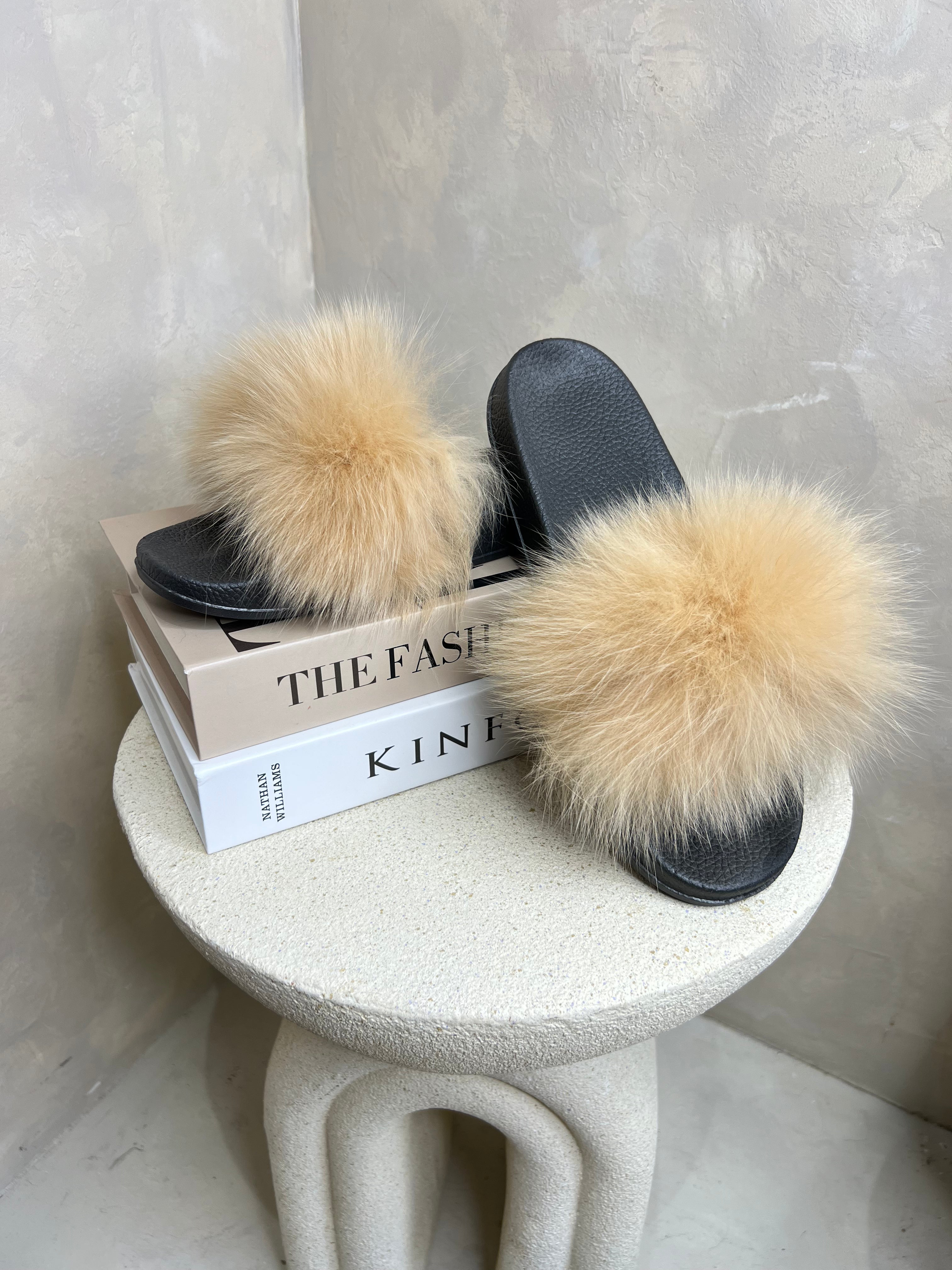 Beige Luxury Fur Sliders