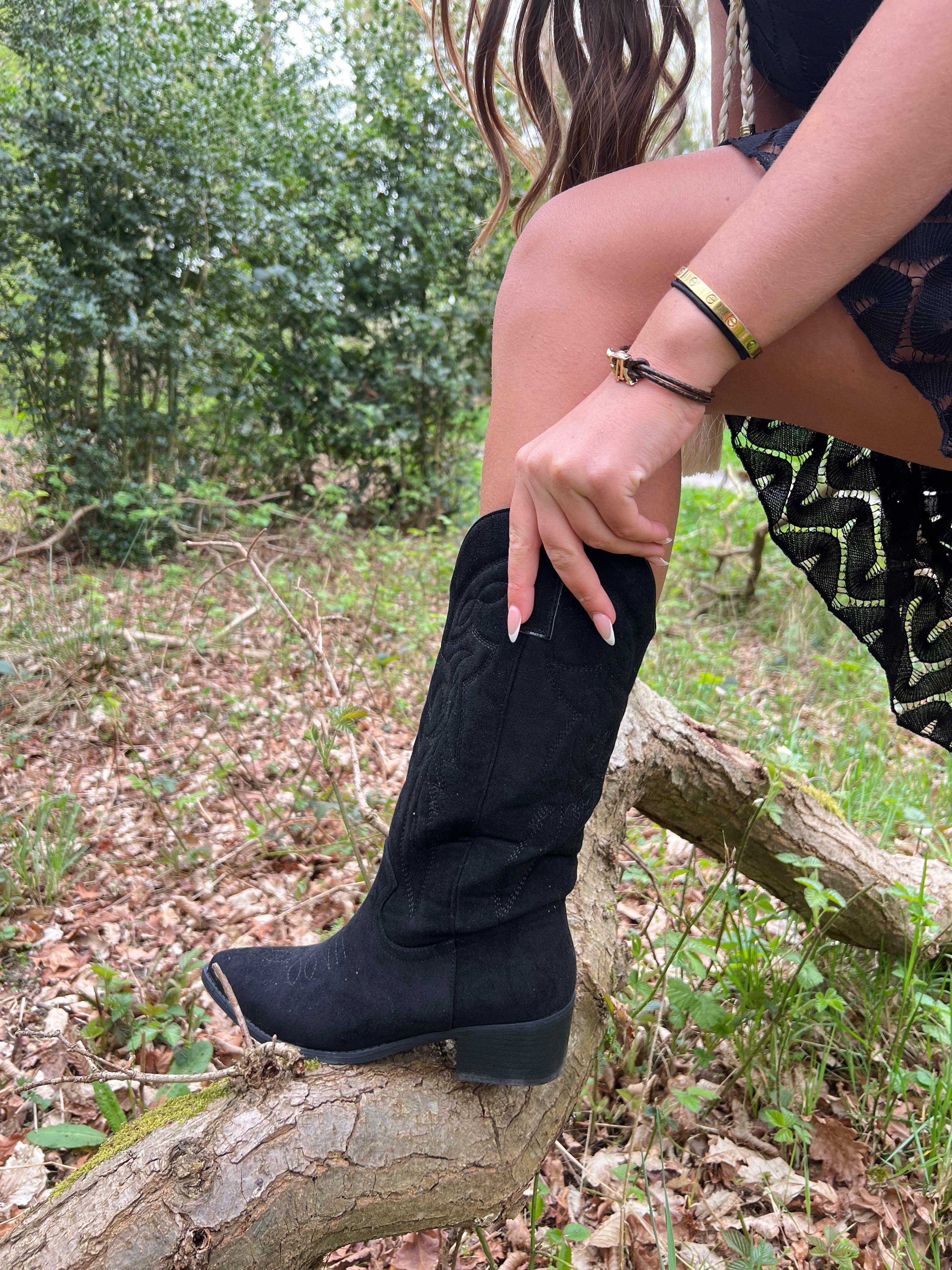 Black Suede Effect Cowboy Boots