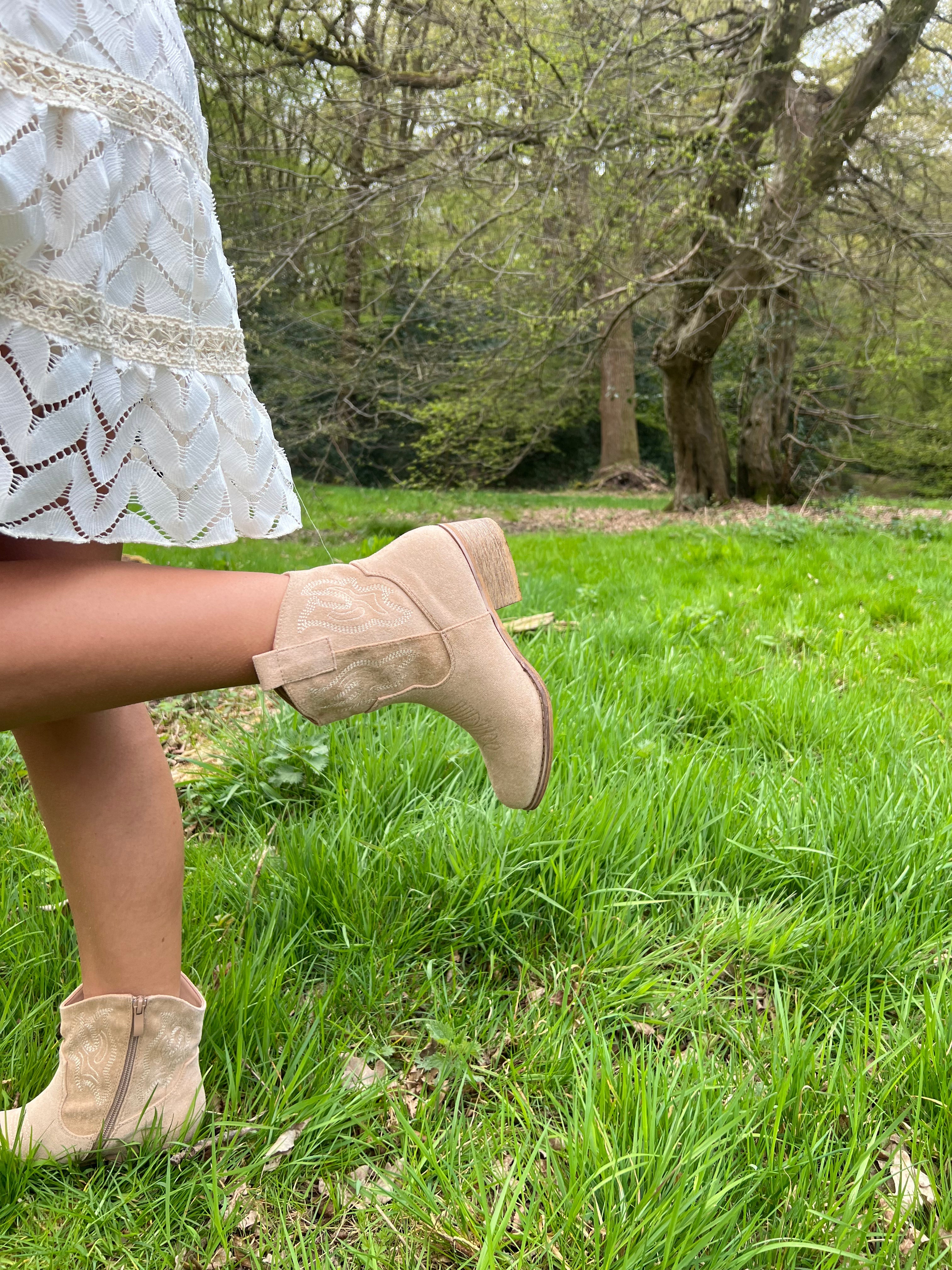 Dark Beige Suede Effect Ankle Cowboy Boots