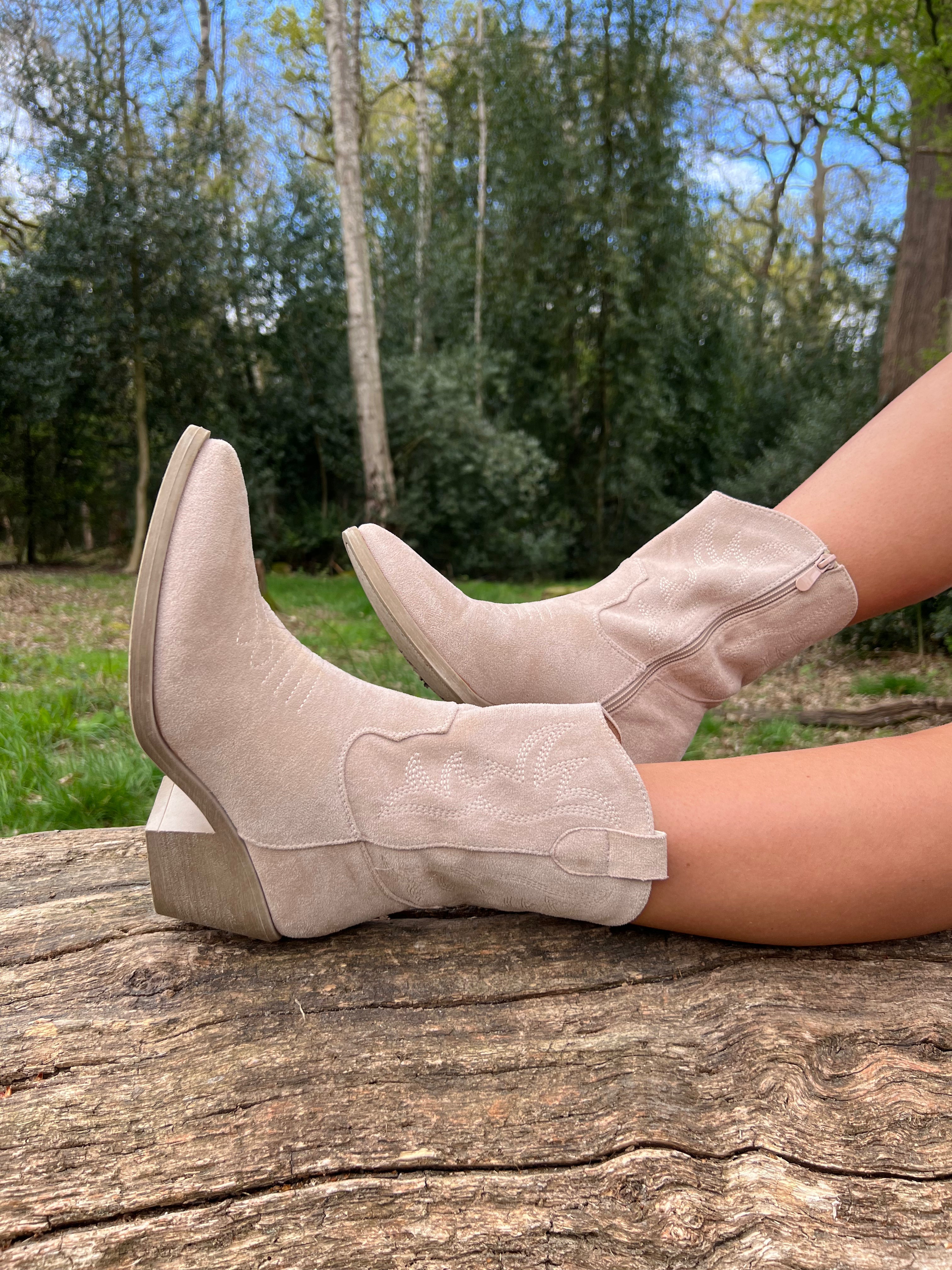 Beige Suede Effect Calf Length Cowboy Boots