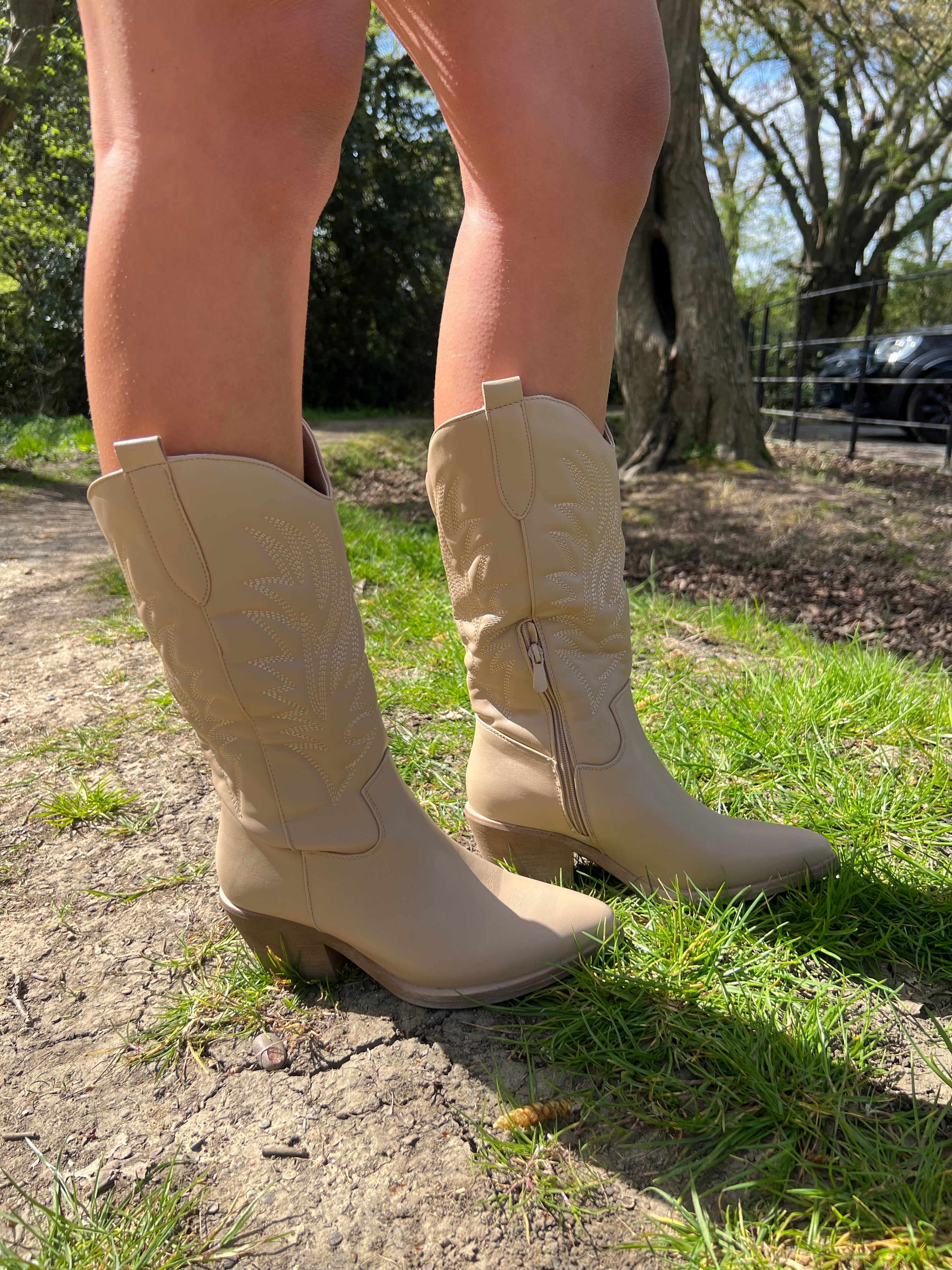 Dark Beige Faux Leather Cowboy Boots