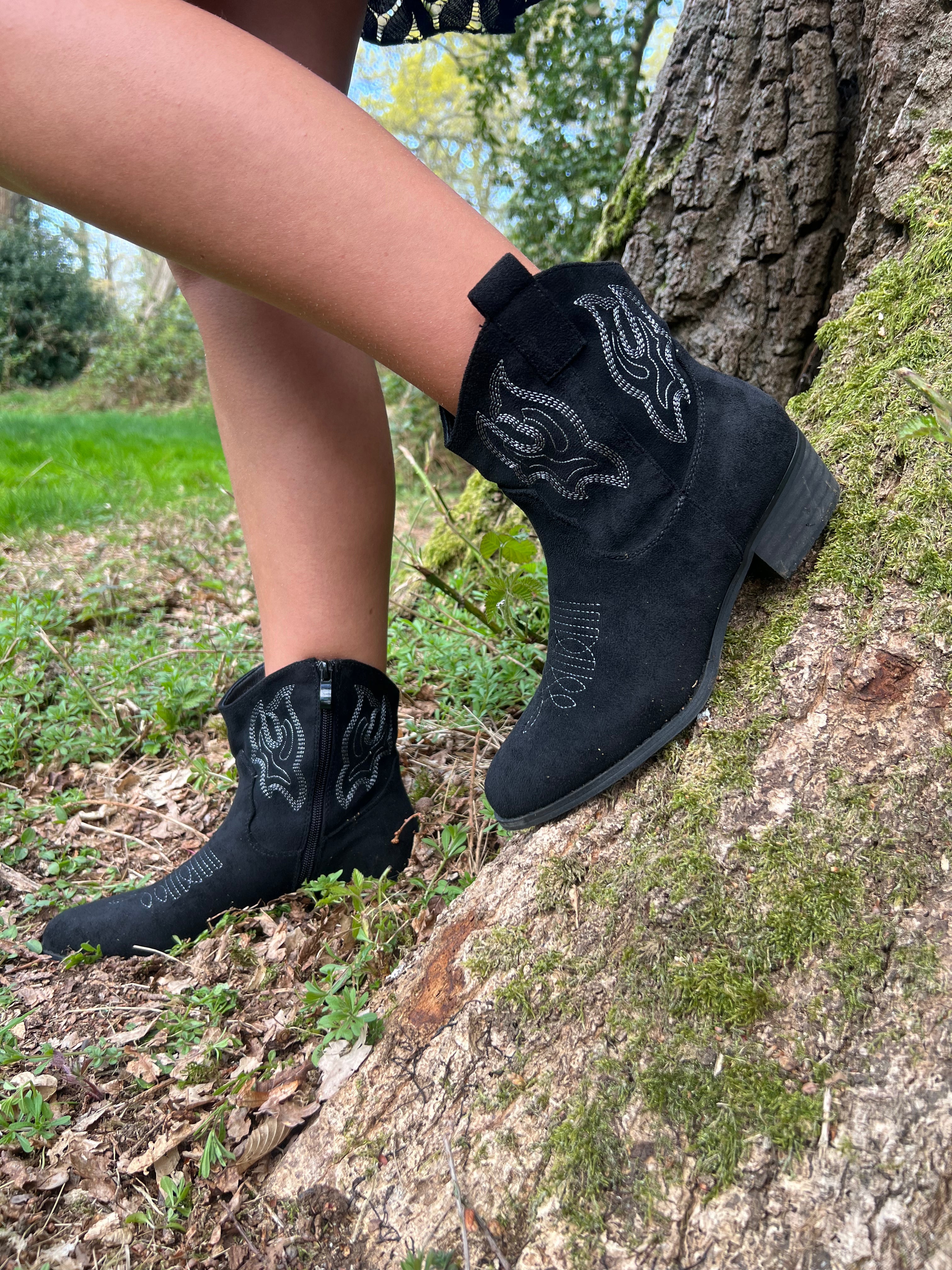 Black Suede Effect Ankle Cowboy Boots
