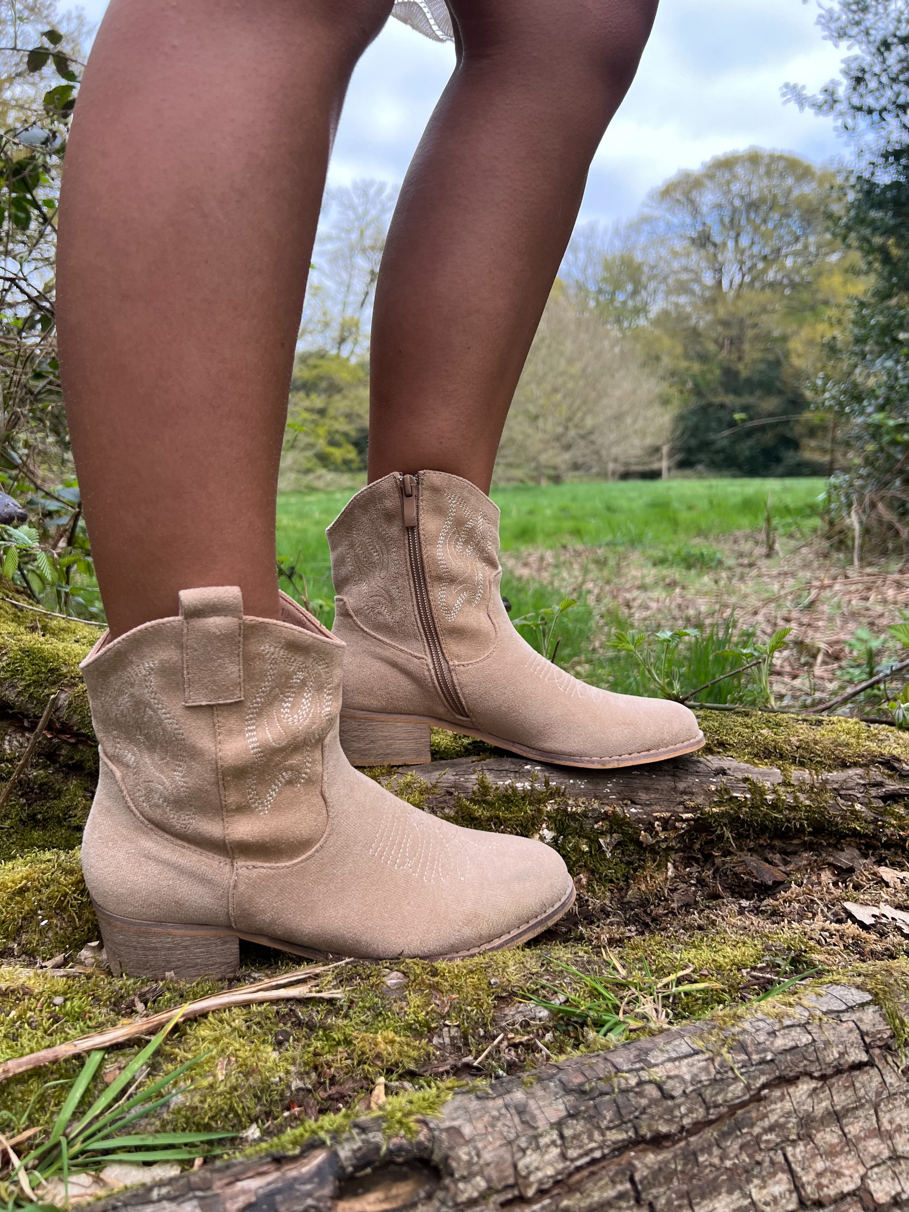 Dark Beige Suede Effect Ankle Cowboy Boots