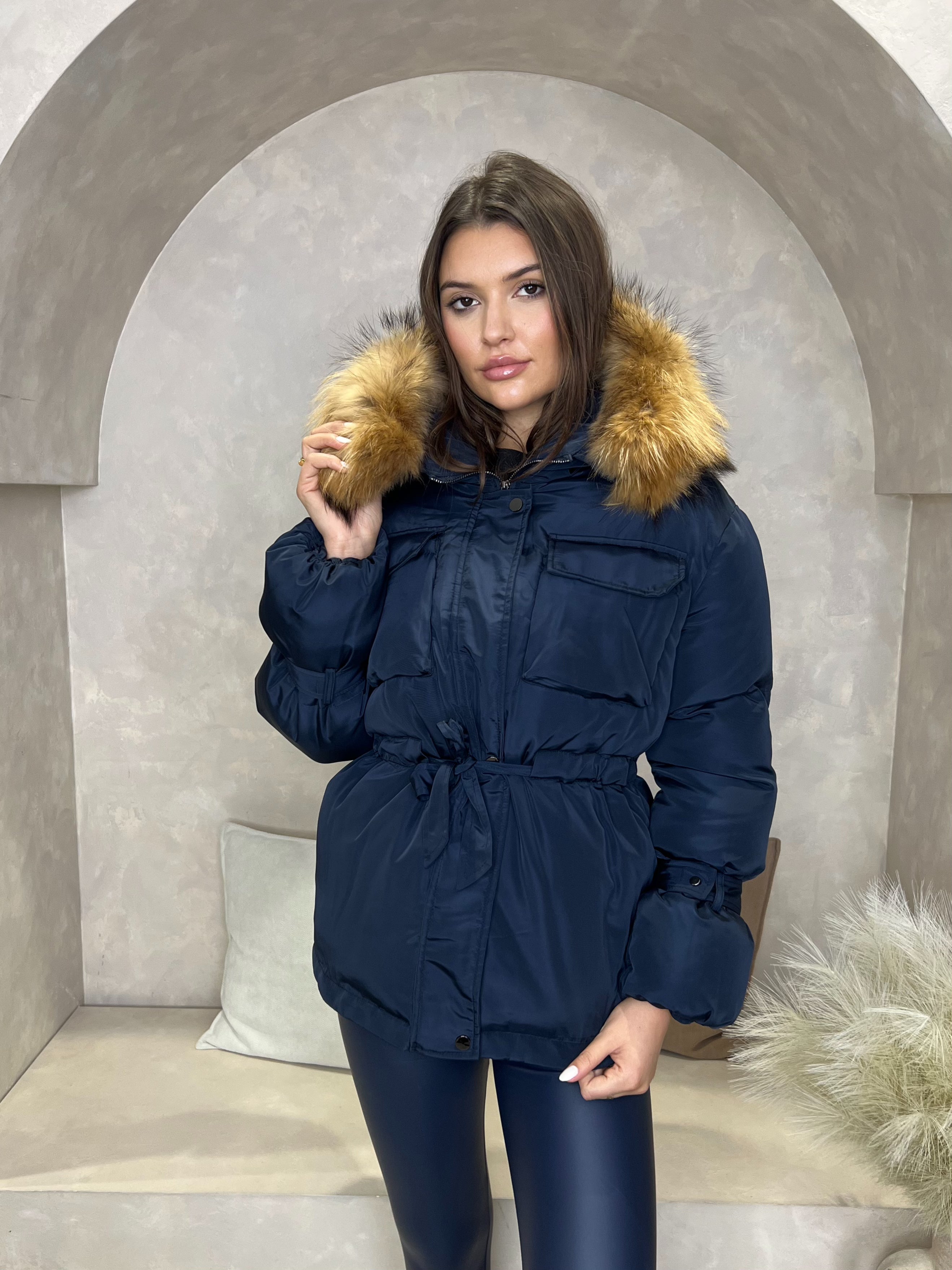 Navy/Natural Drawstring Luxury Fur Padded Belted Coat