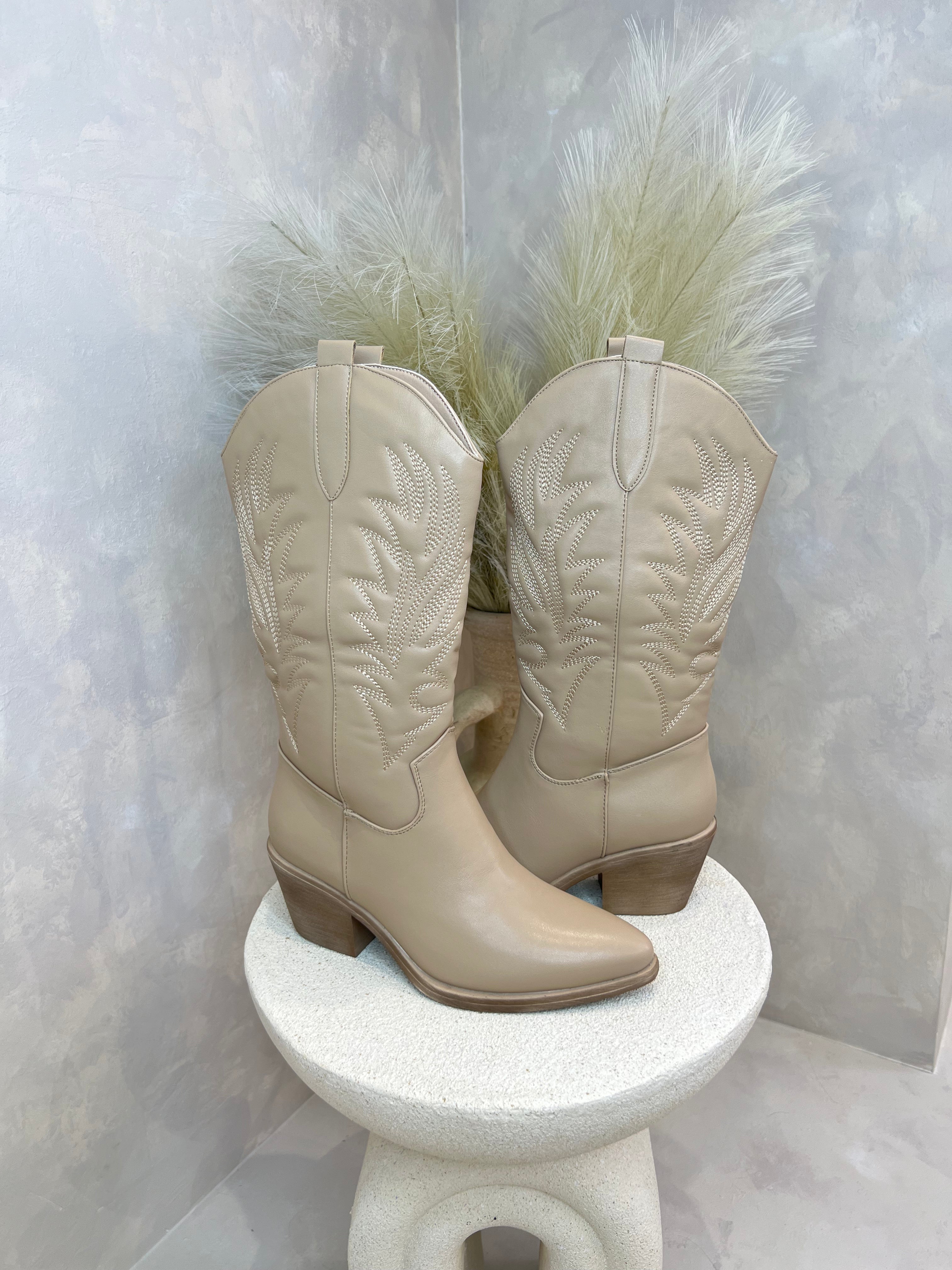 Dark Beige Faux Leather Cowboy Boots