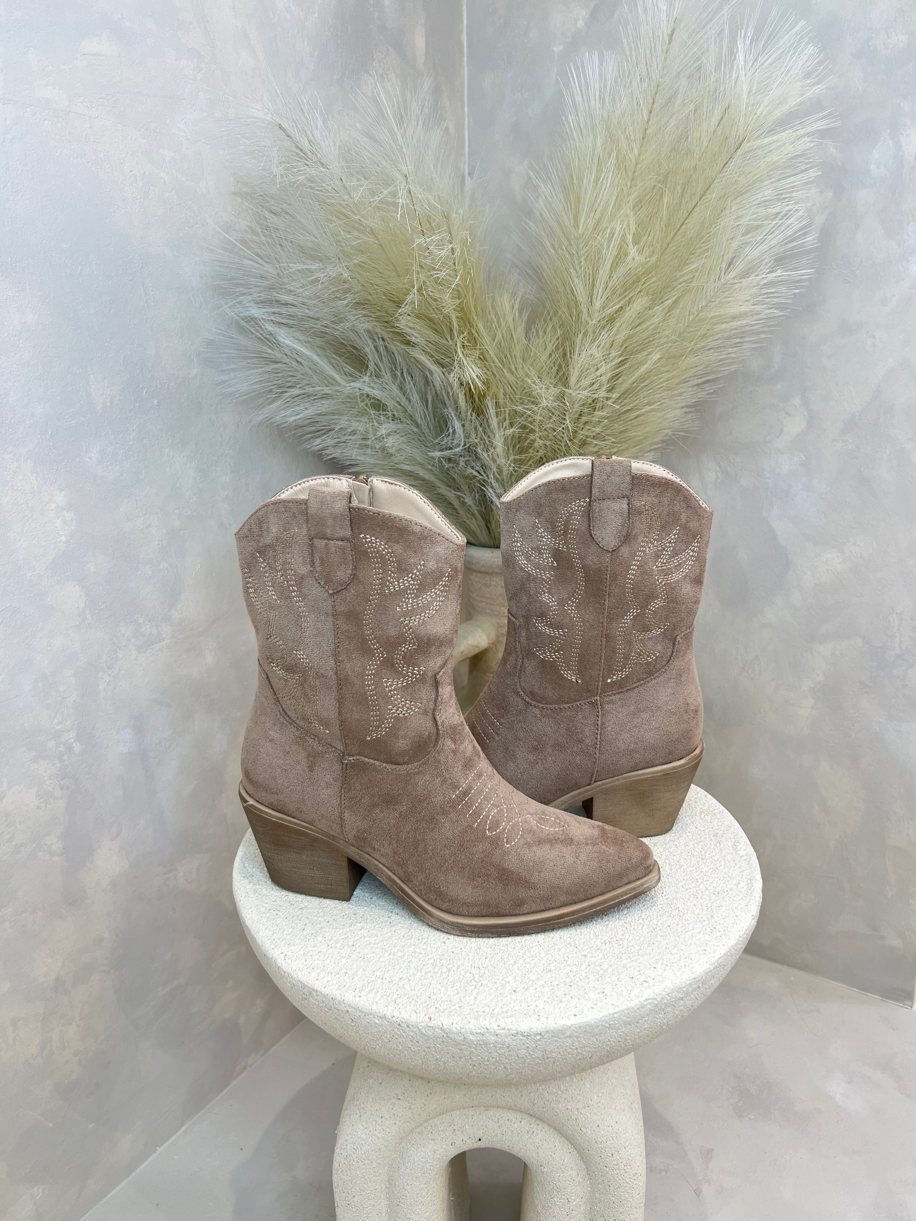 Dark Beige Suede Effect Calf Length Cowboy Boots