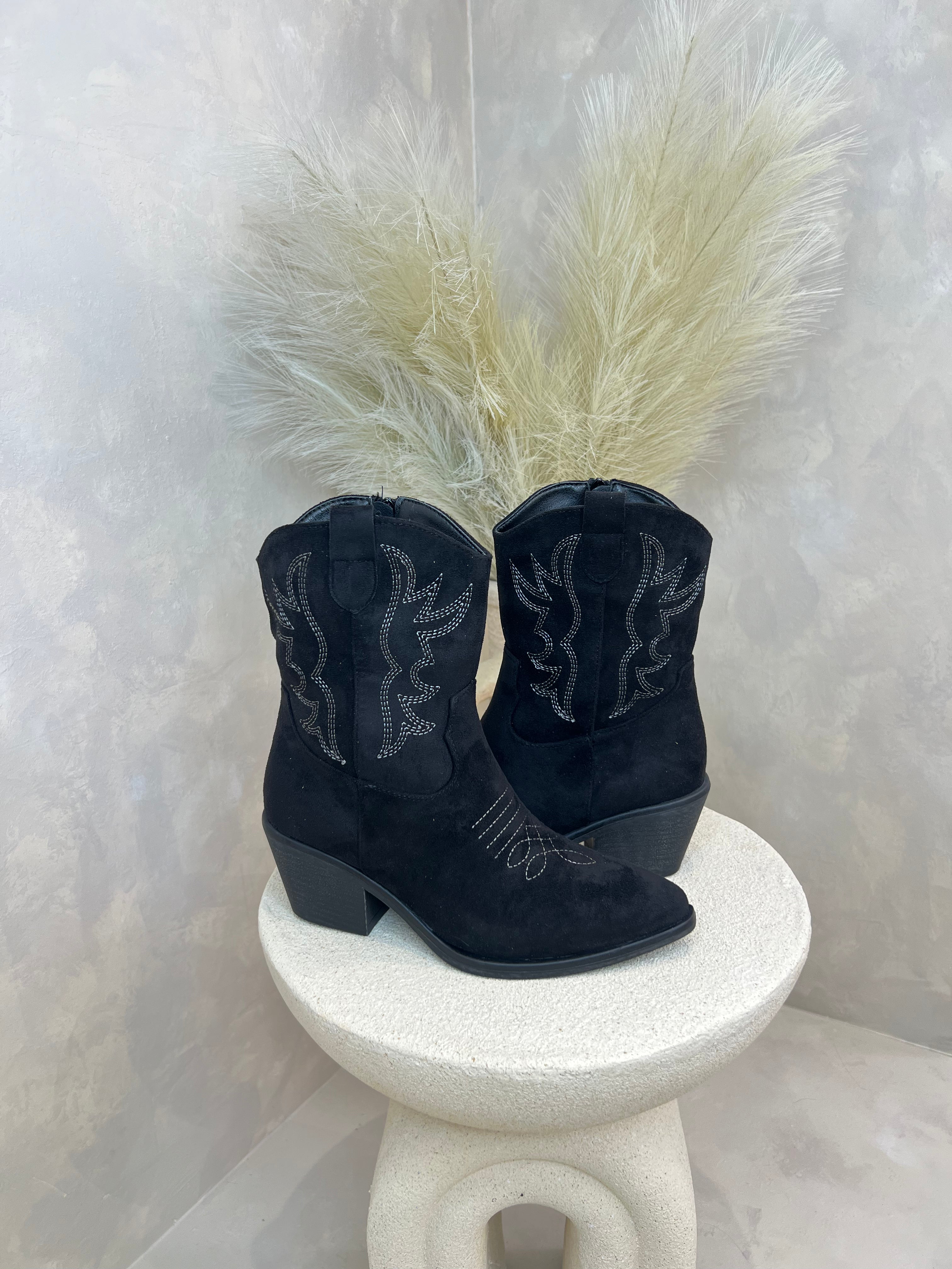 Black Suede Effect Calf Length Cowboy Boots