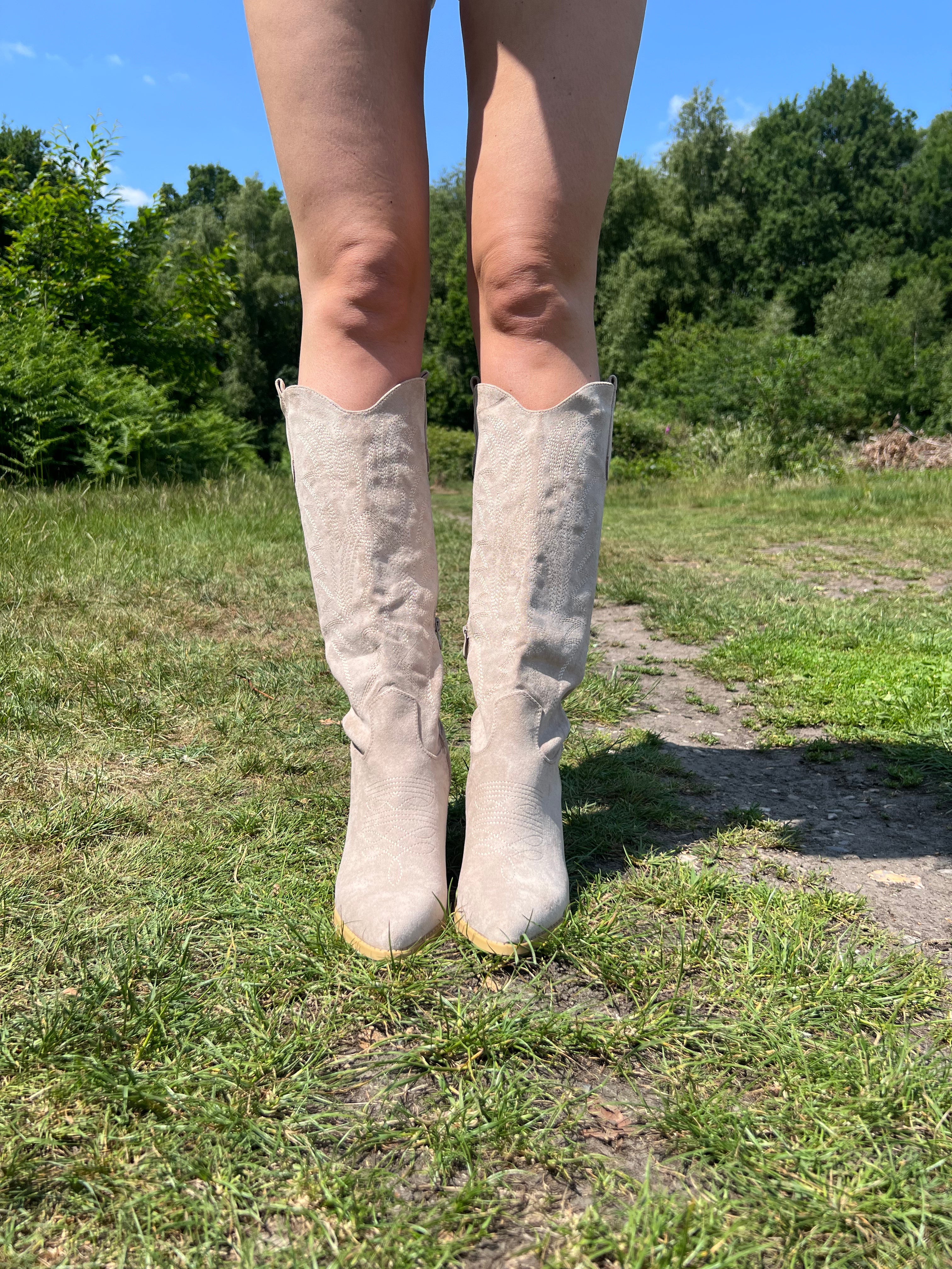 Beige Suede Effect Longer Length Cowboy Boots