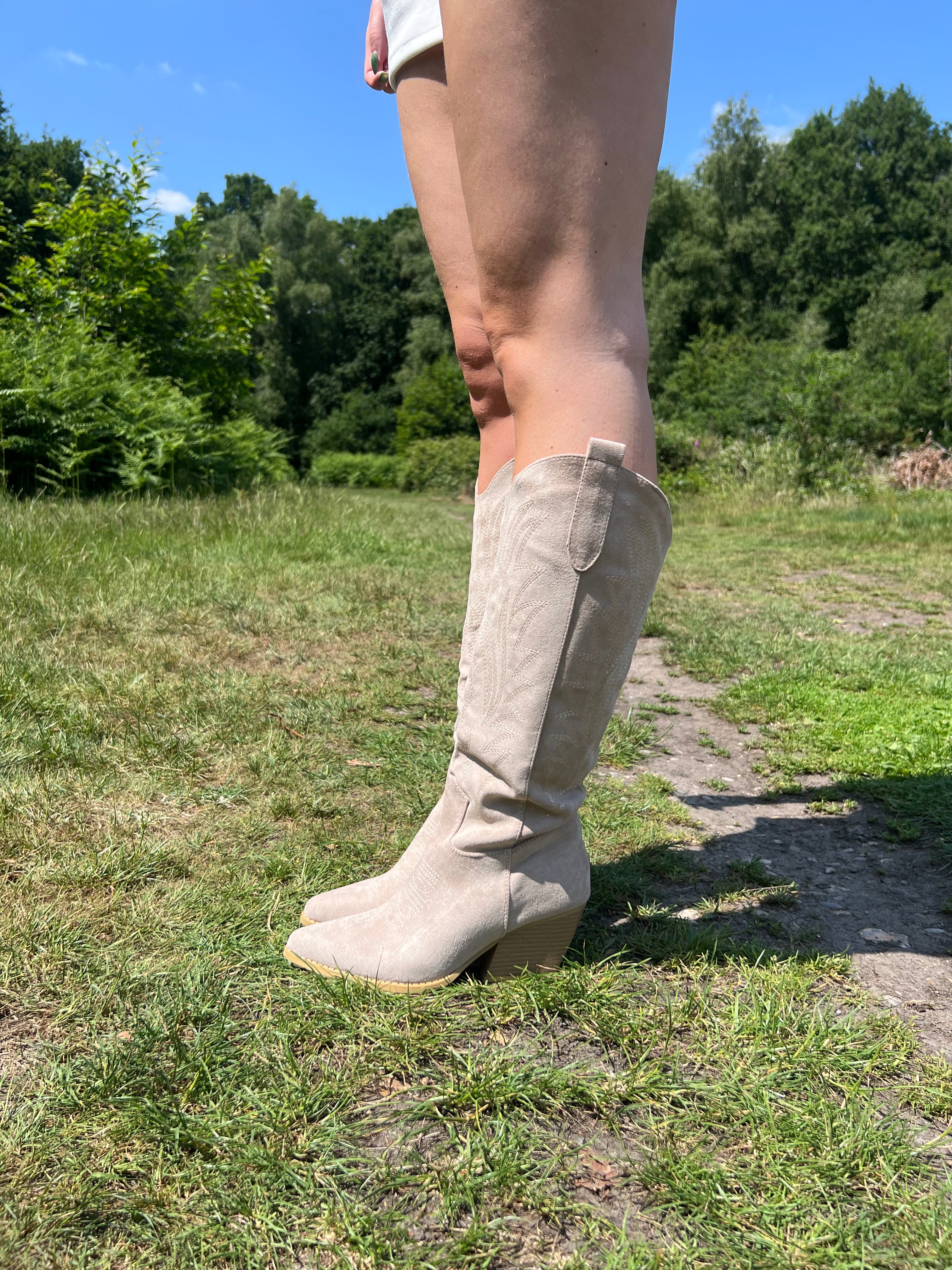 Beige Suede Effect Longer Length Cowboy Boots