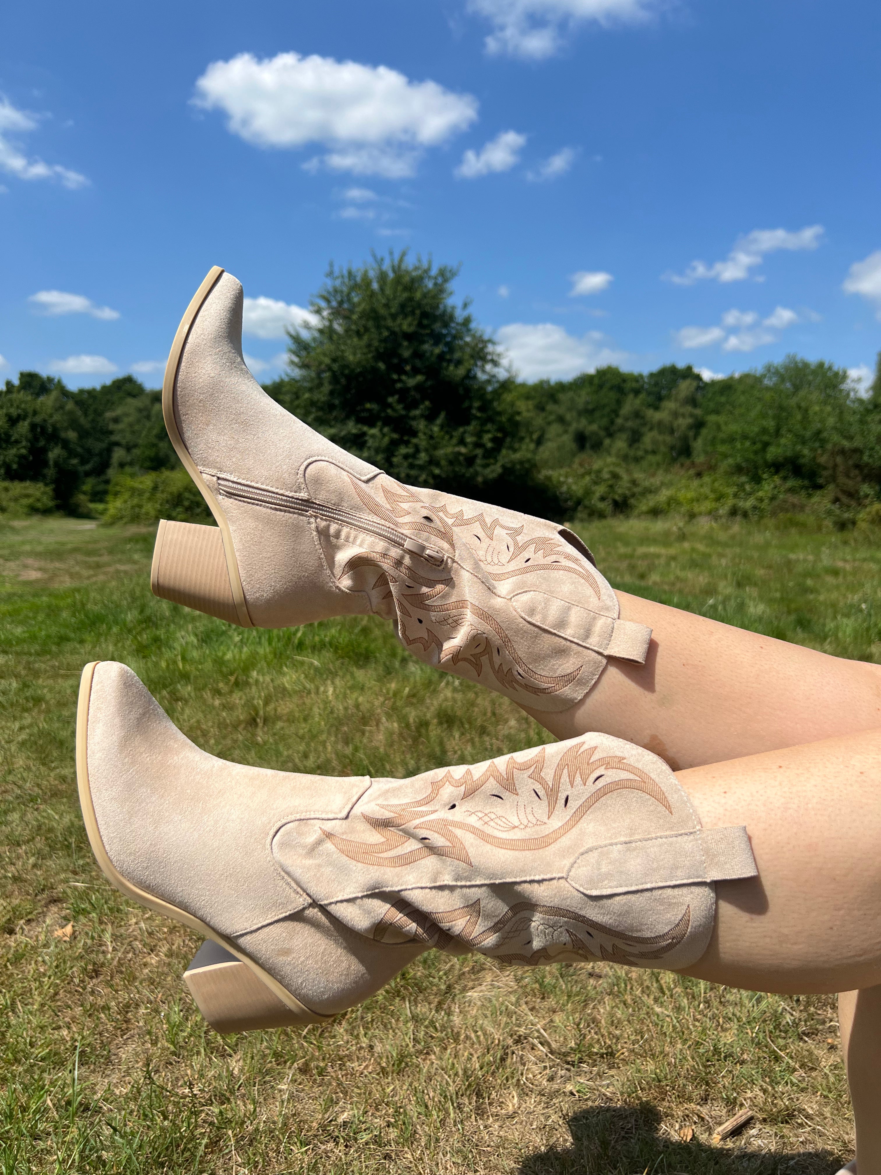 Beige Suede Effect Cut Out Detail Cowboy Boots