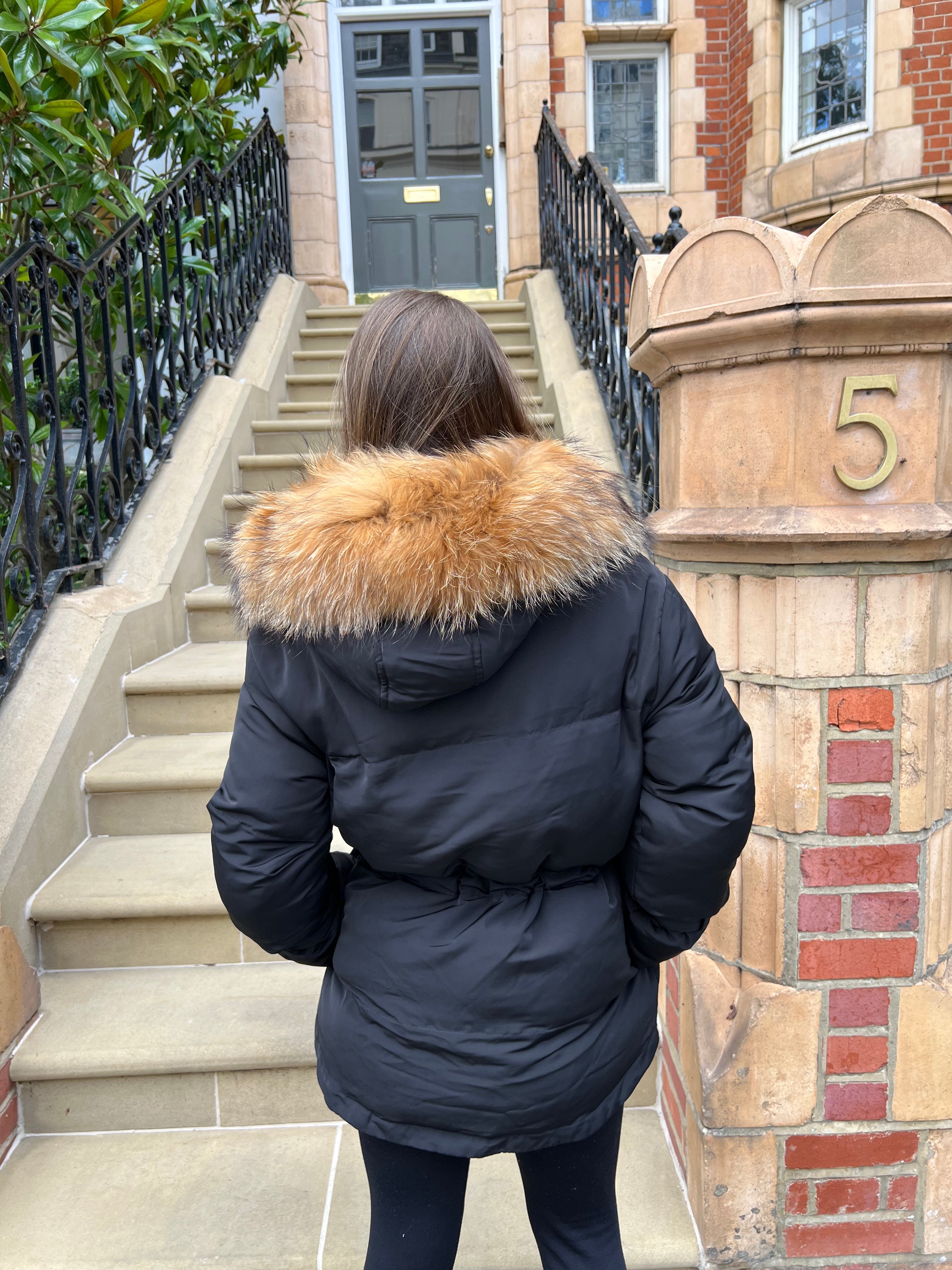 Black/Natural Fur Drawstring Luxury Fur Padded Belted Coat