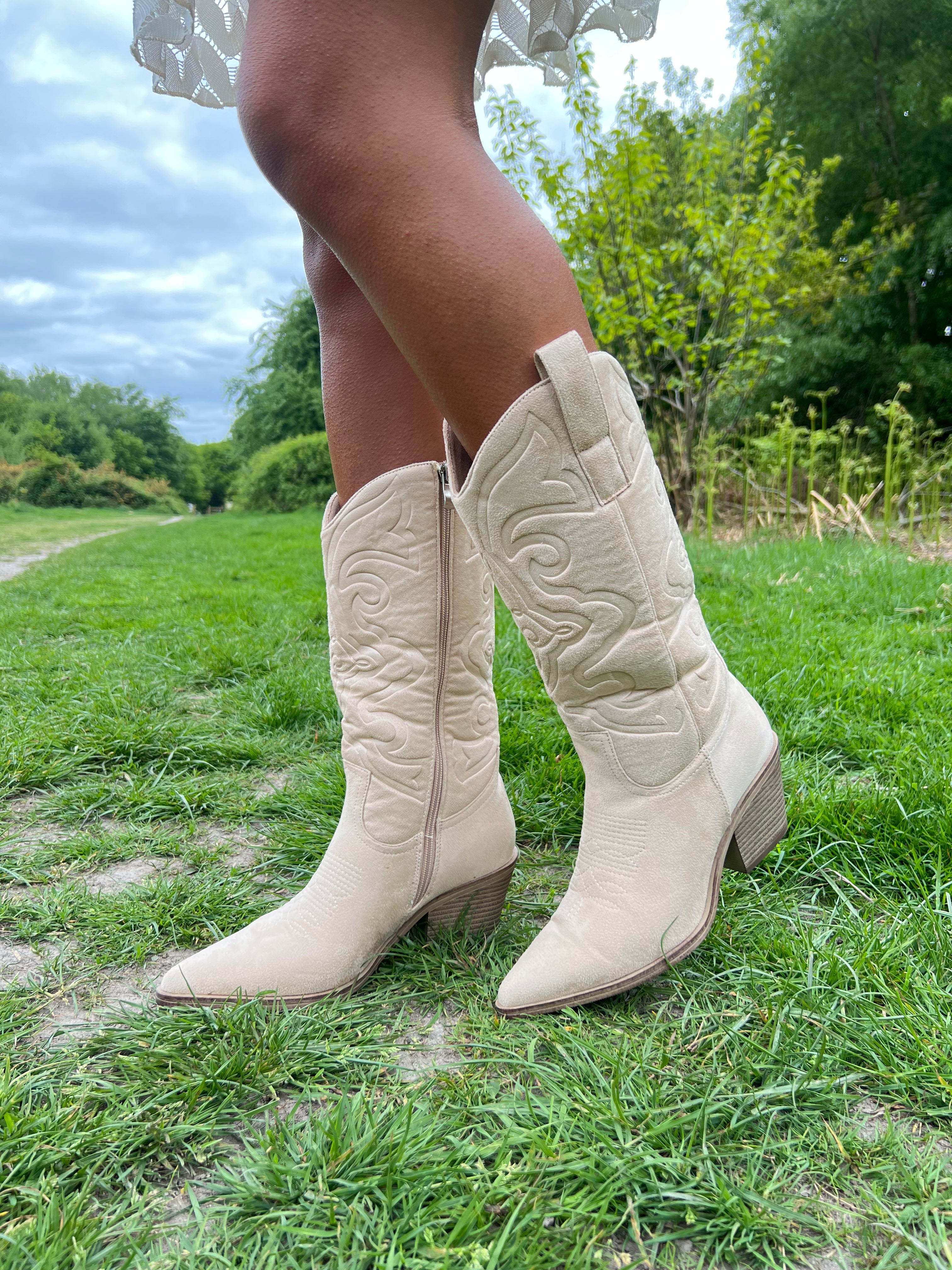 Beige Embossed Suede Effect Cowboy Boots