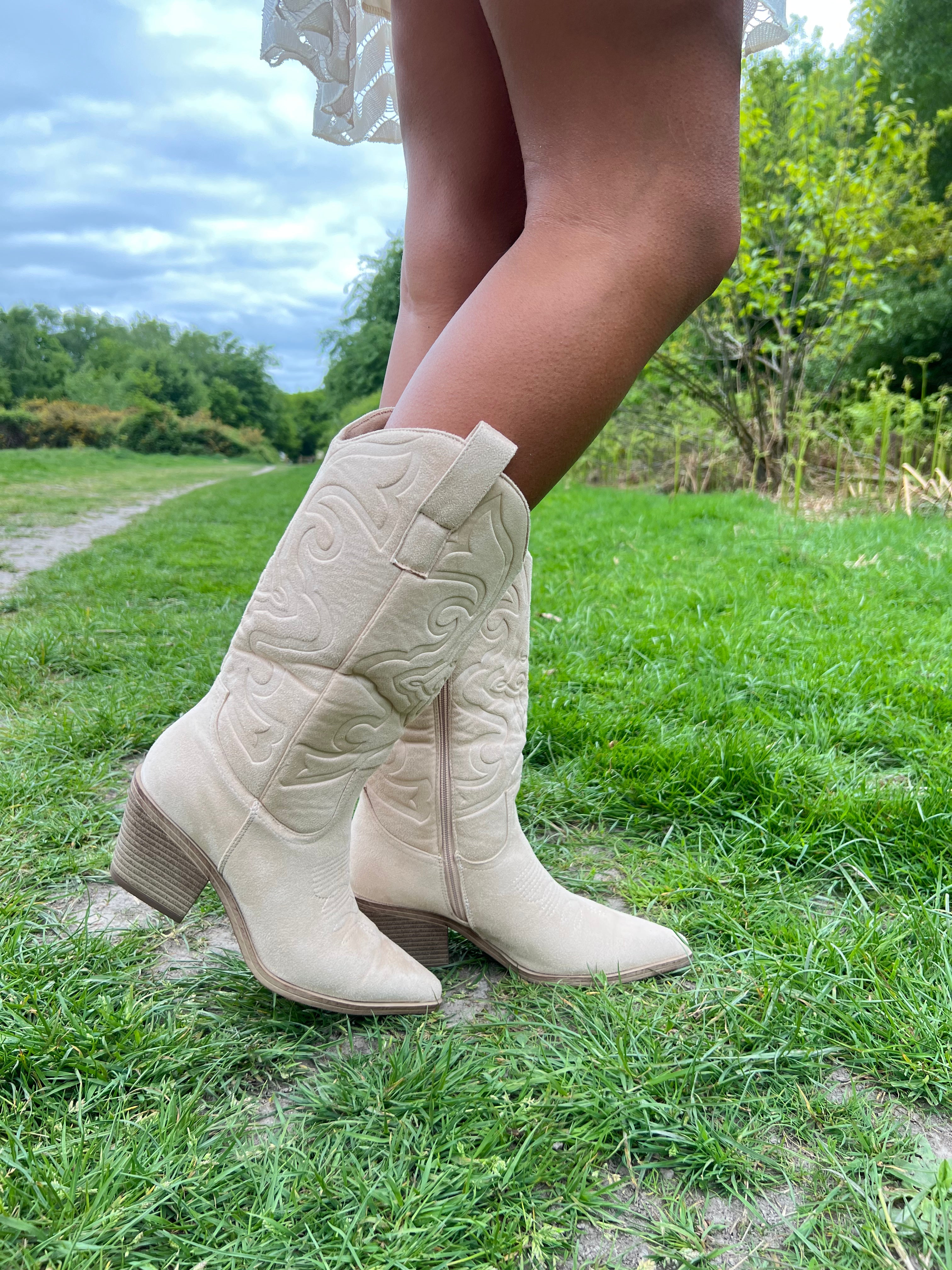 Beige Embossed Suede Effect Cowboy Boots