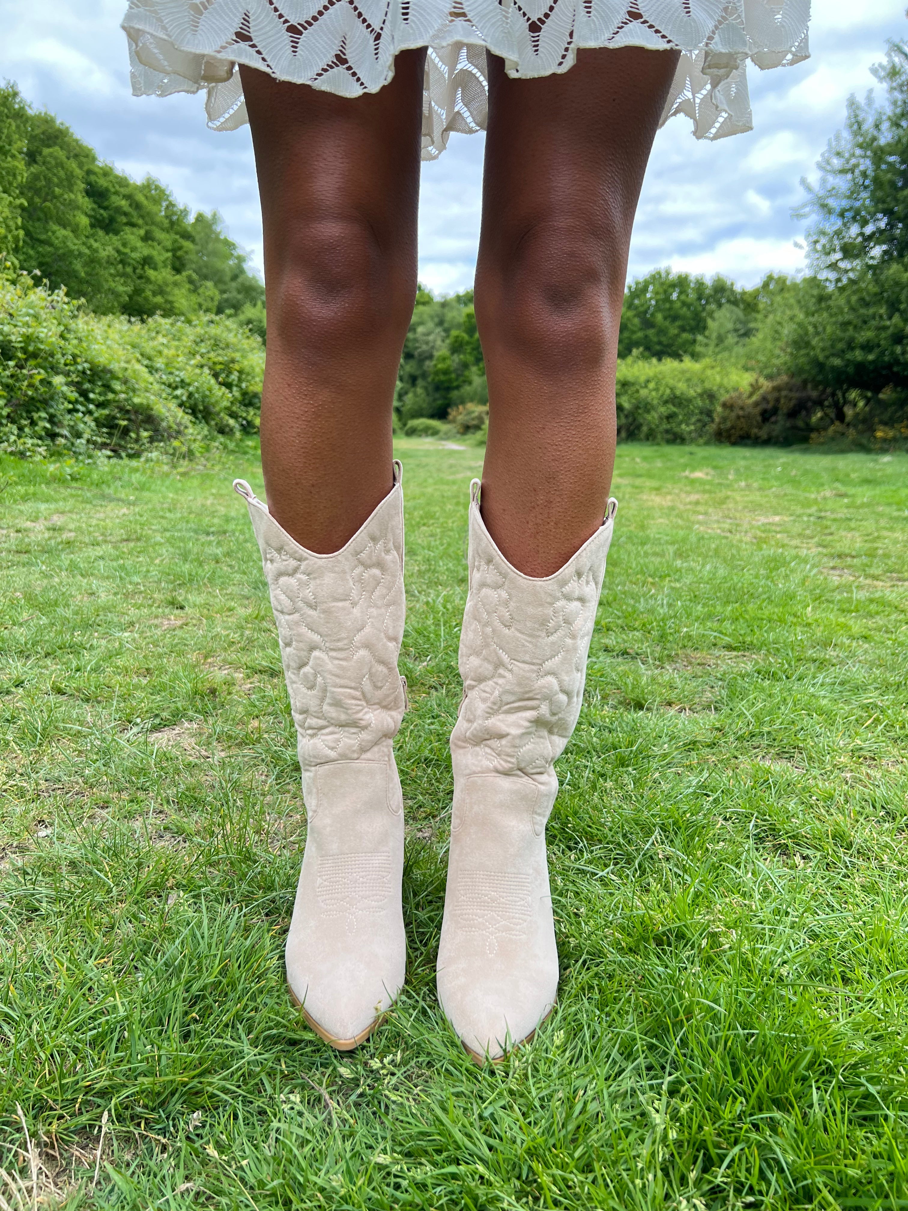 Beige Suede Effect Soft Feel Cowboy Boots