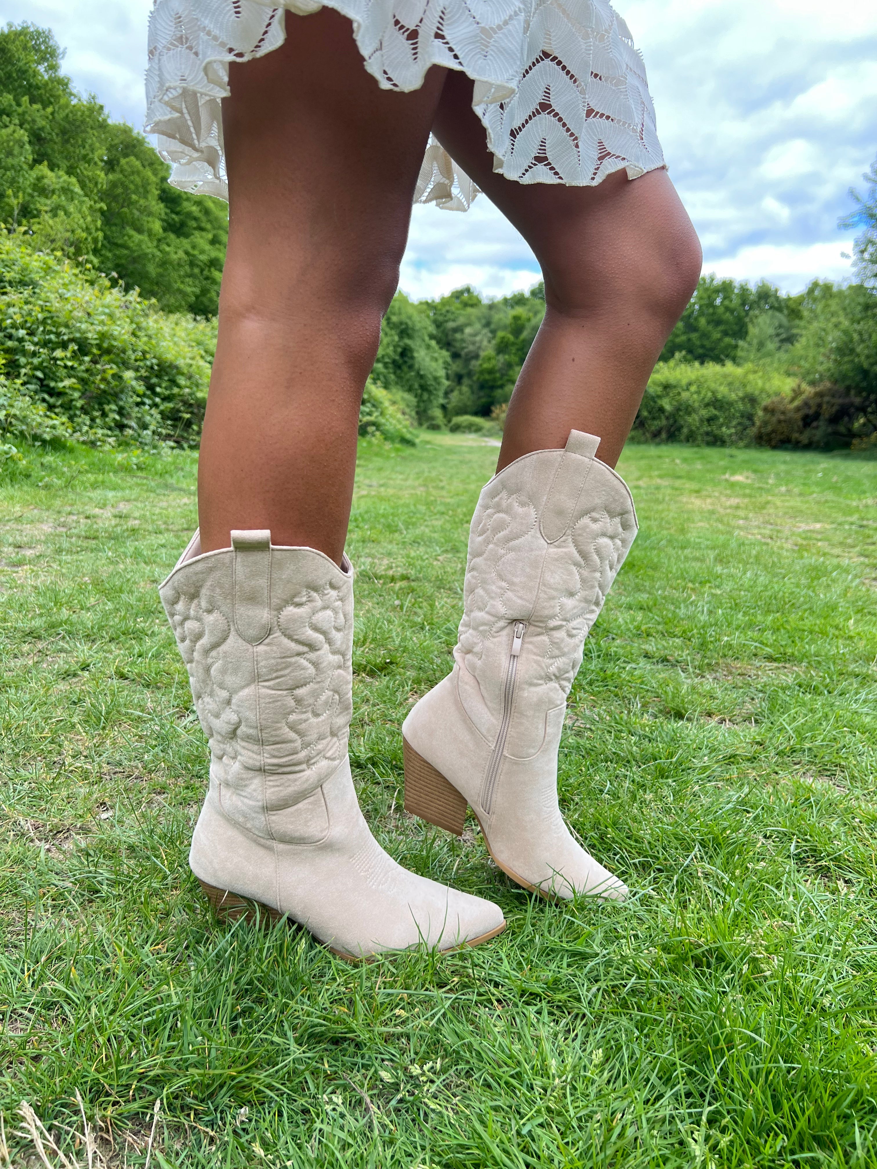 Beige Suede Effect Soft Feel Cowboy Boots