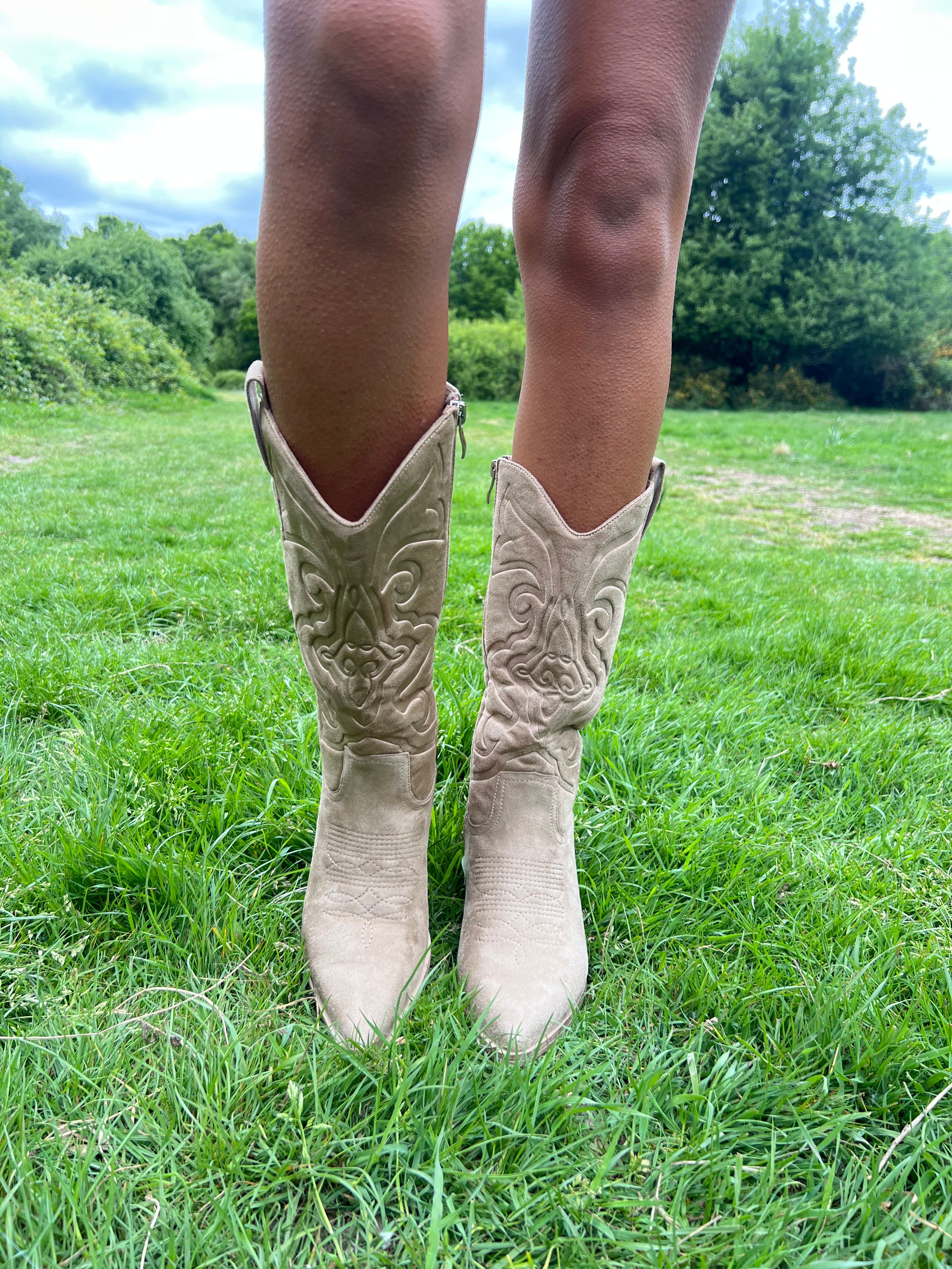 Dark Beige Embossed Suede Effect Cowboy Boots