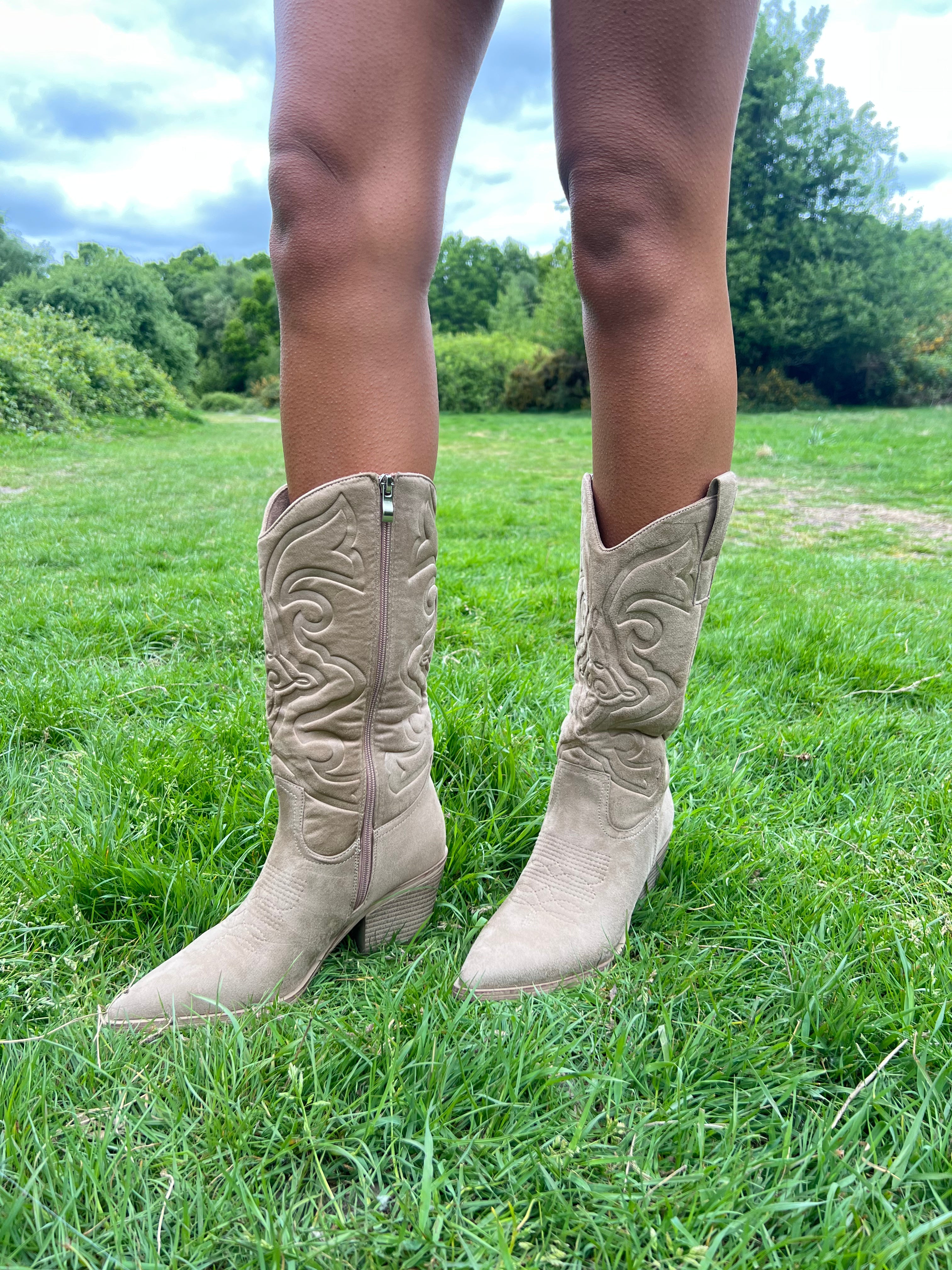 Dark Beige Embossed Suede Effect Cowboy Boots