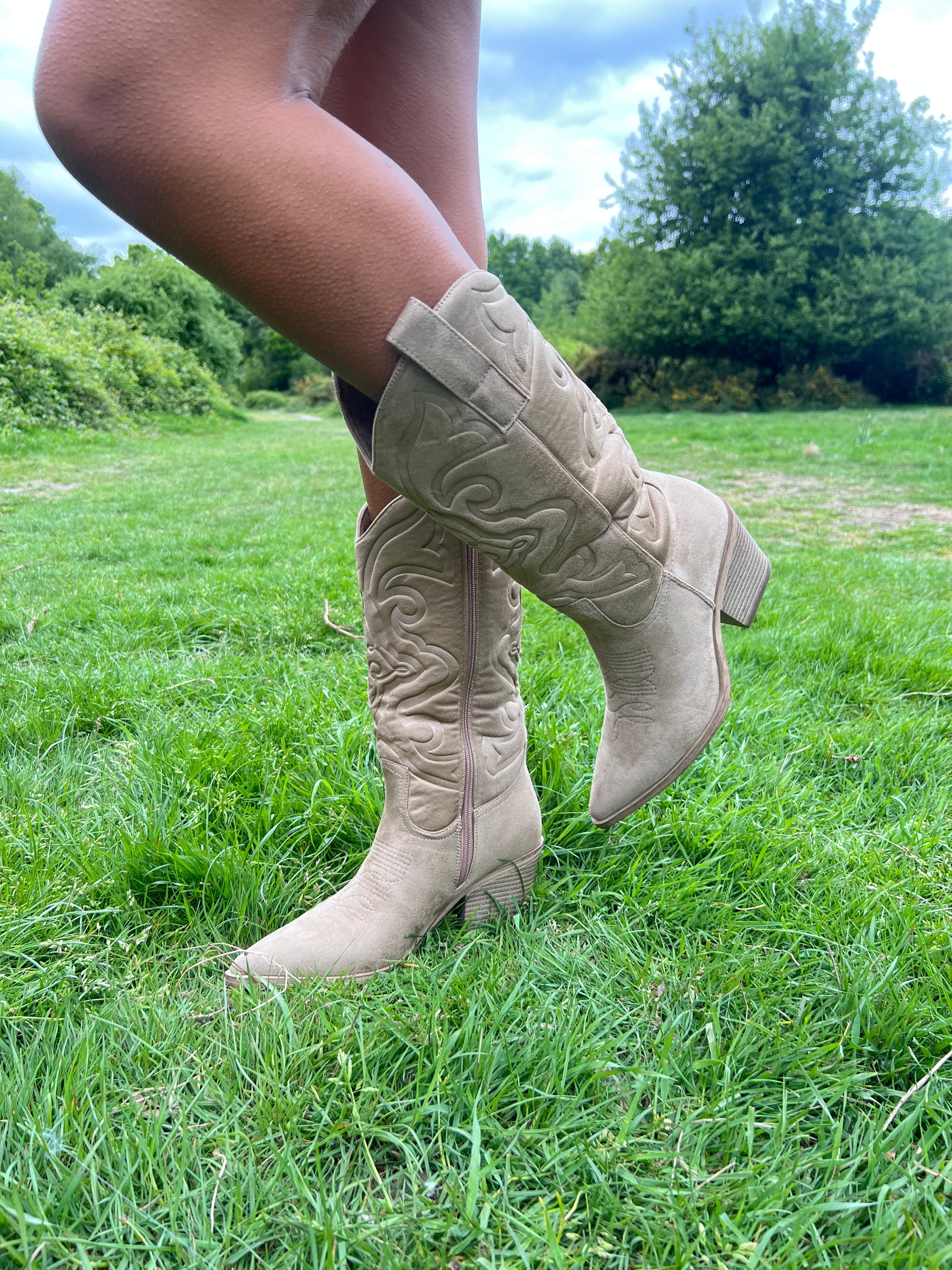 Dark Beige Embossed Suede Effect Cowboy Boots