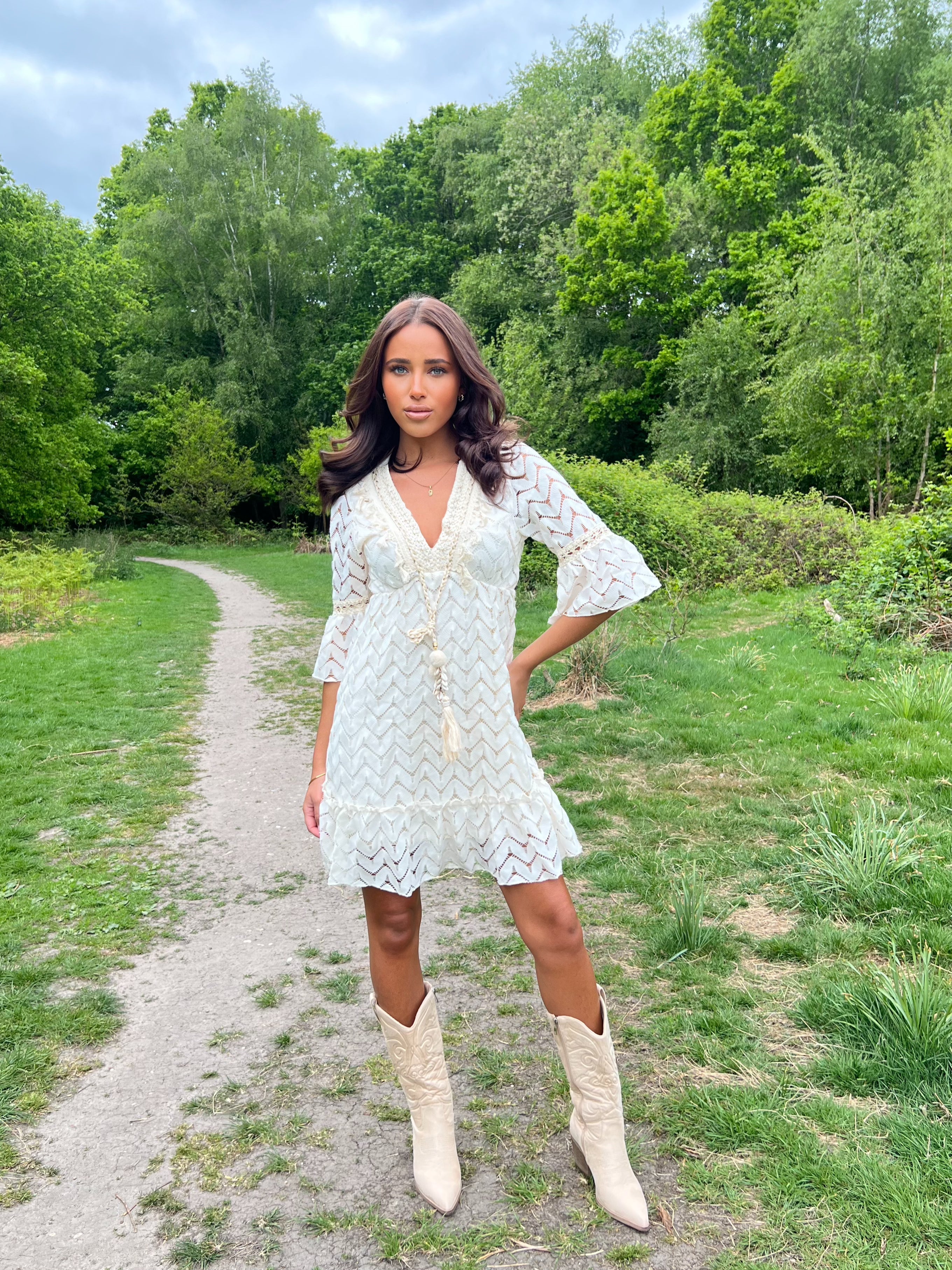 Beige Embossed Suede Effect Cowboy Boots