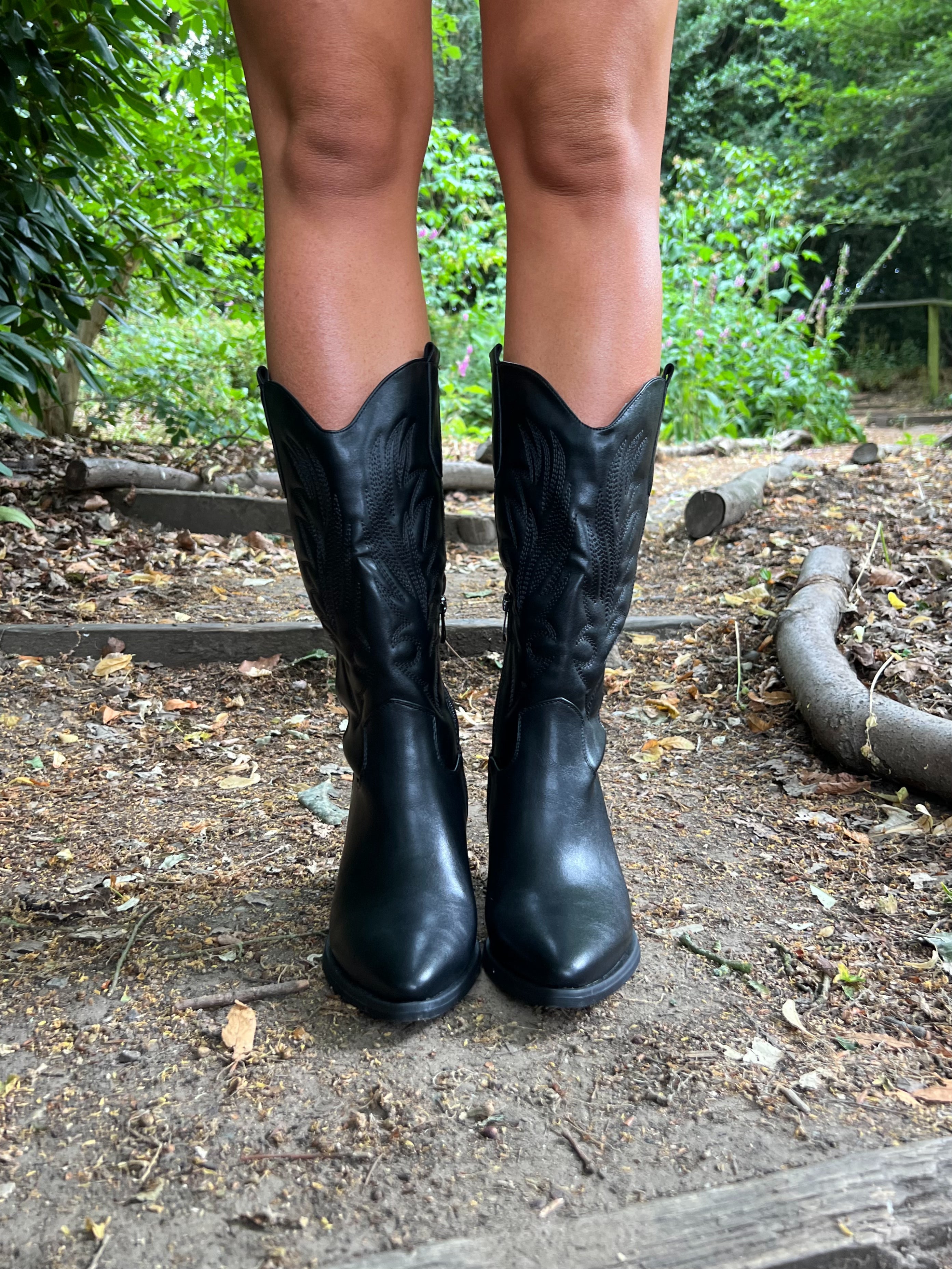 Black Faux Leather Cowboy Boots