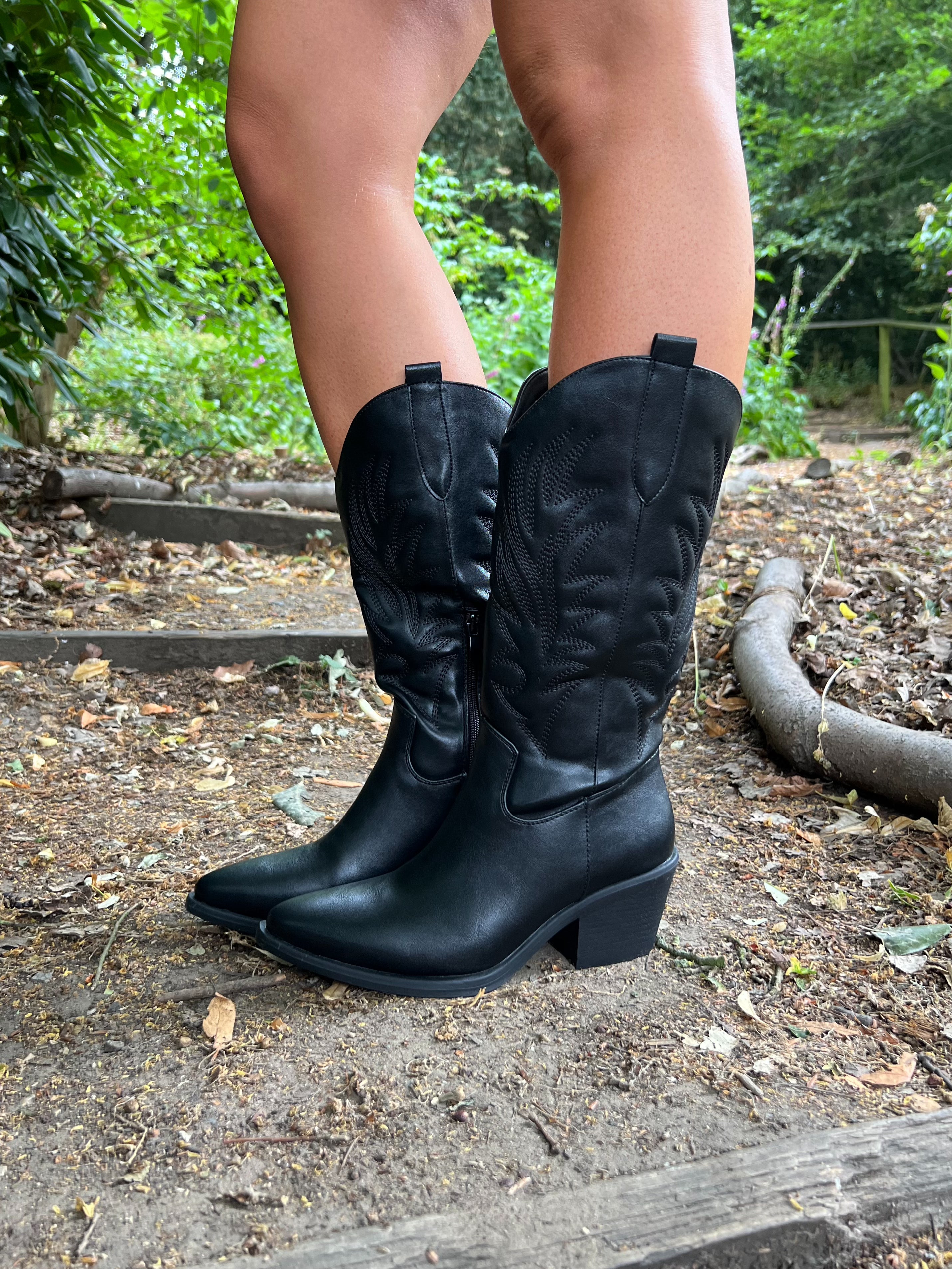 Black Faux Leather Cowboy Boots