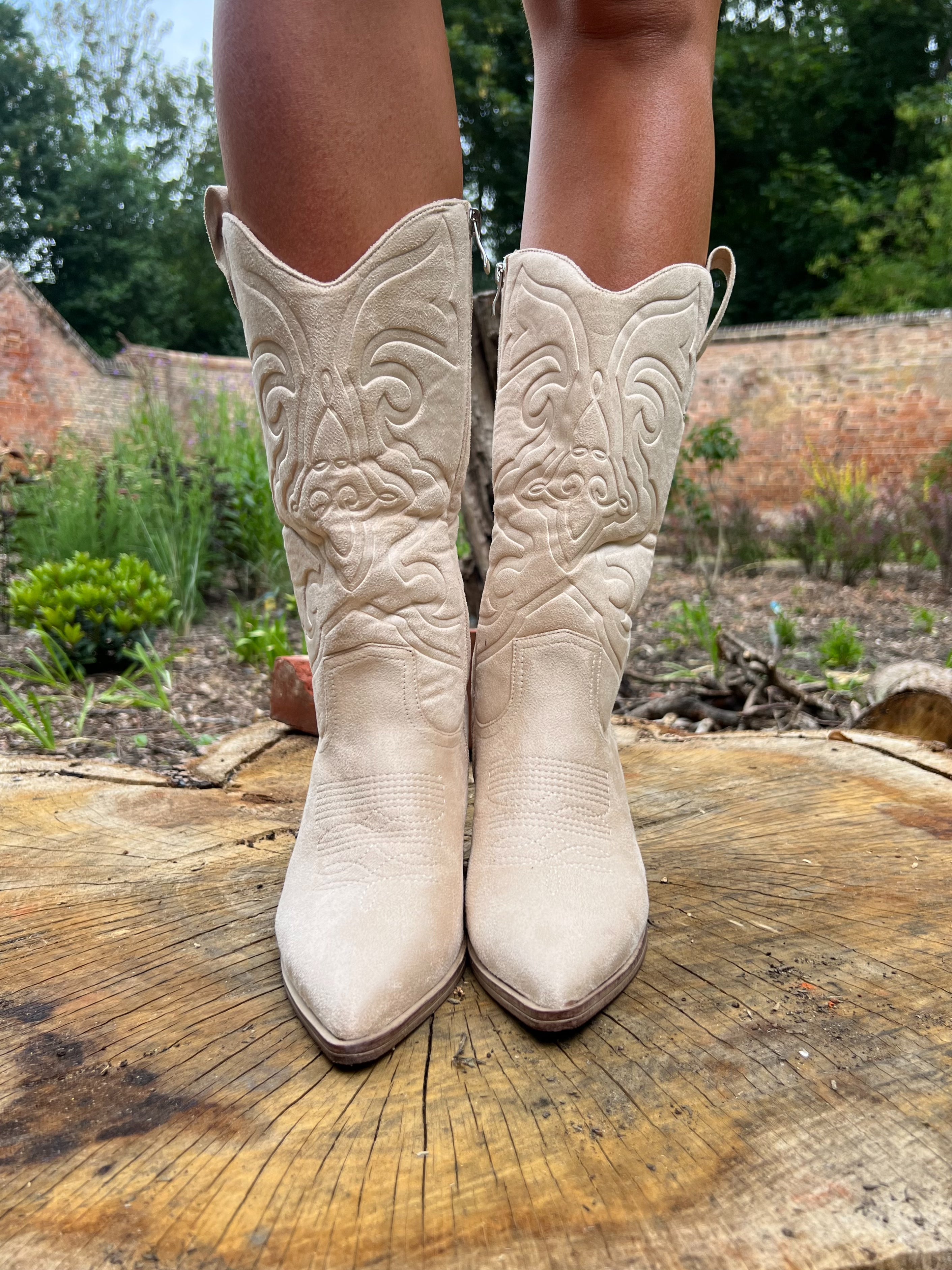 Beige Suede Effect Soft Feel Cowboy Boots