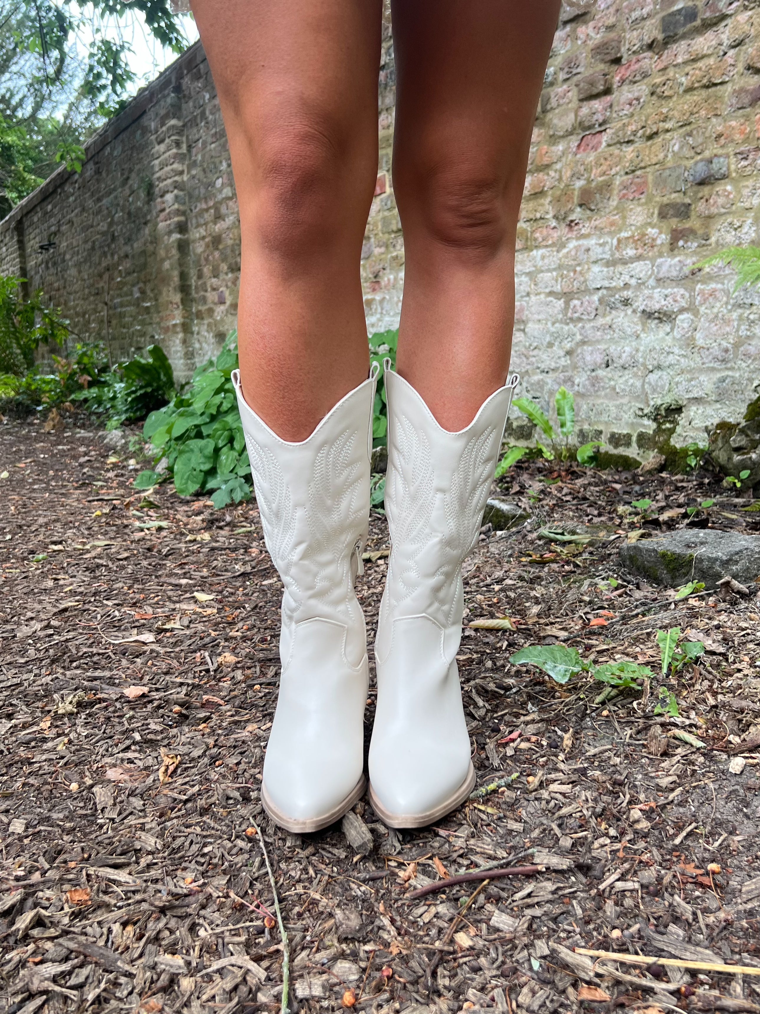 Beige Faux Leather Cowboy Boots