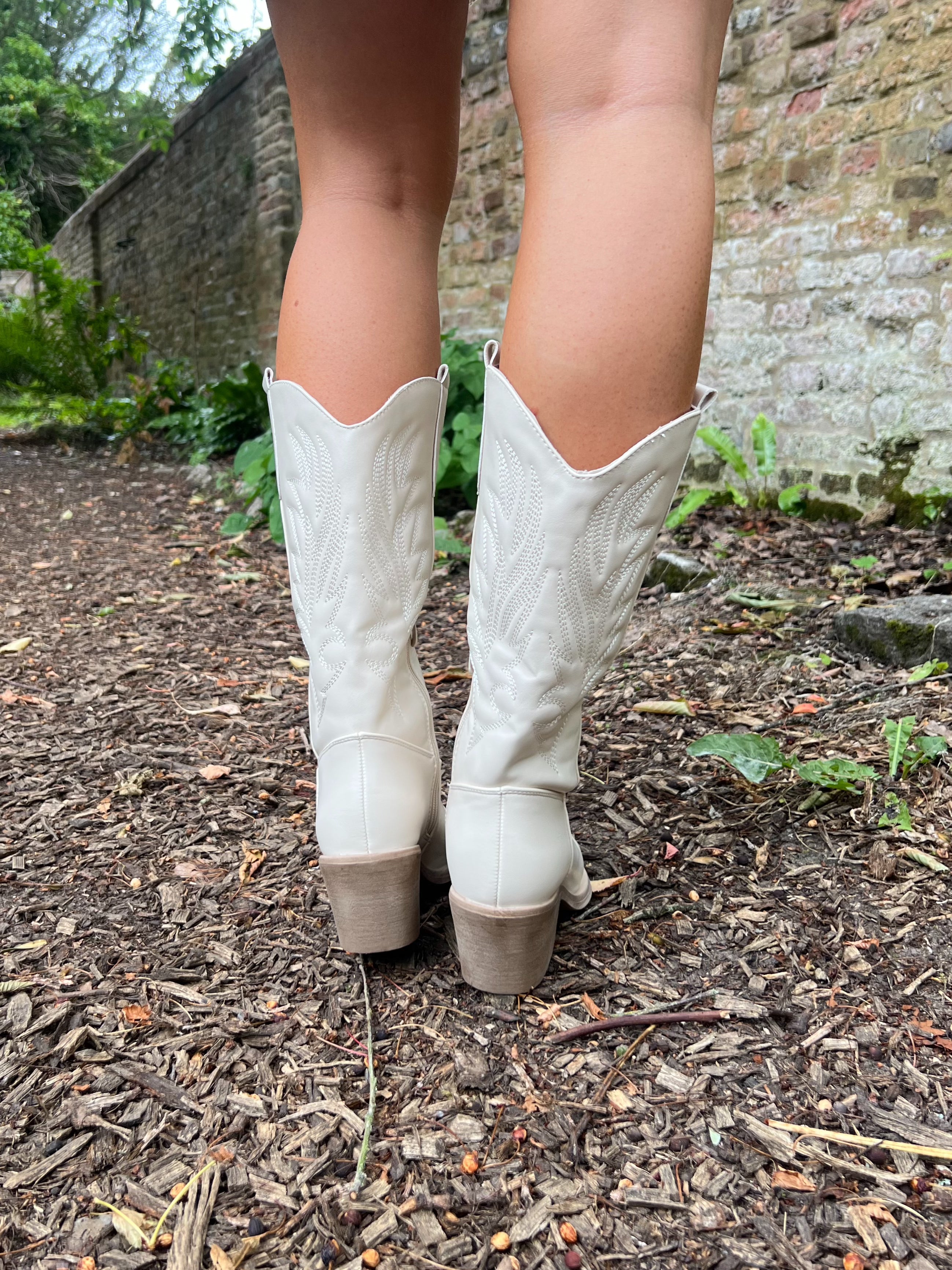 Beige Faux Leather Cowboy Boots