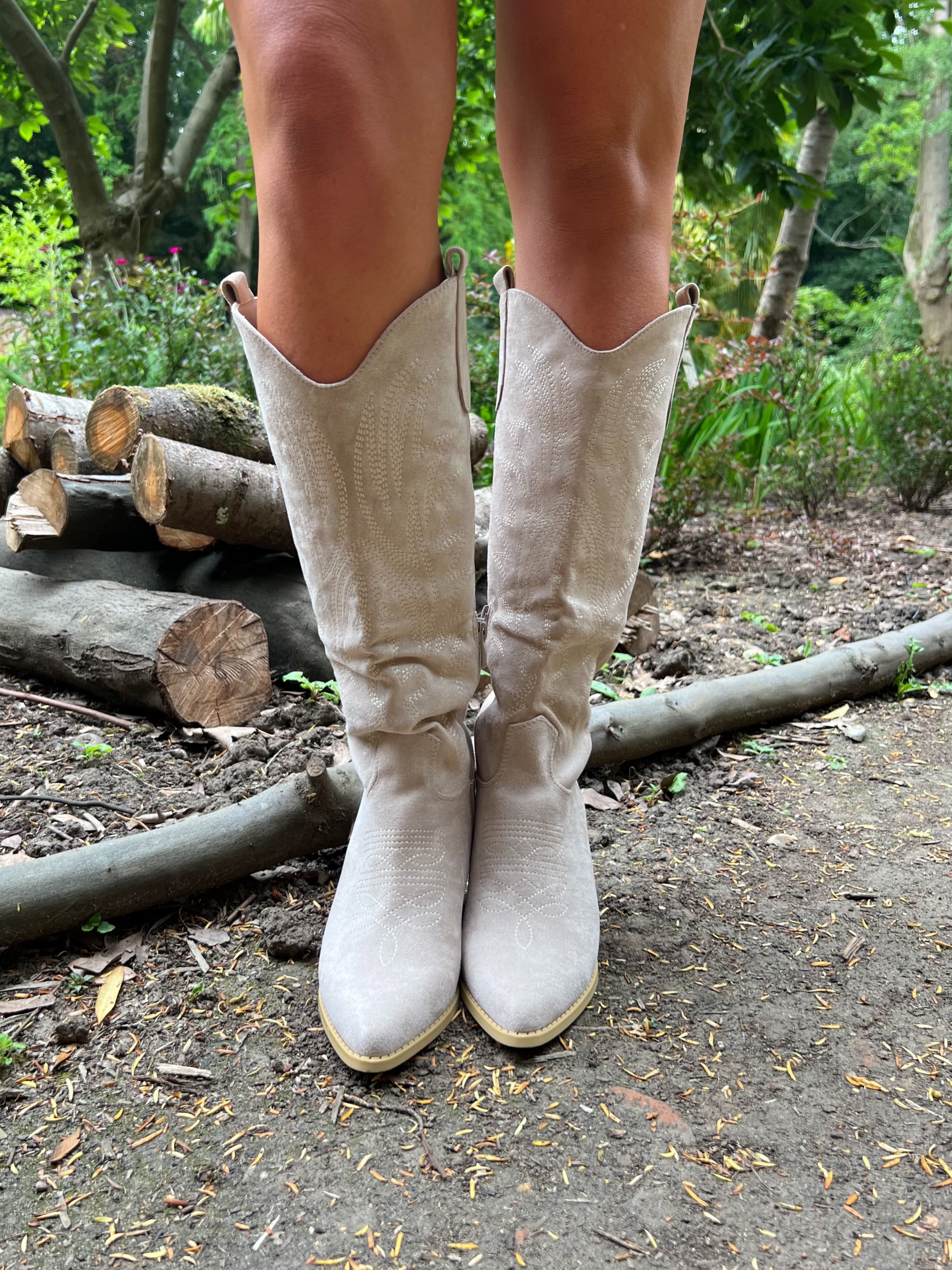 Beige Suede Effect Longer Length Cowboy Boots