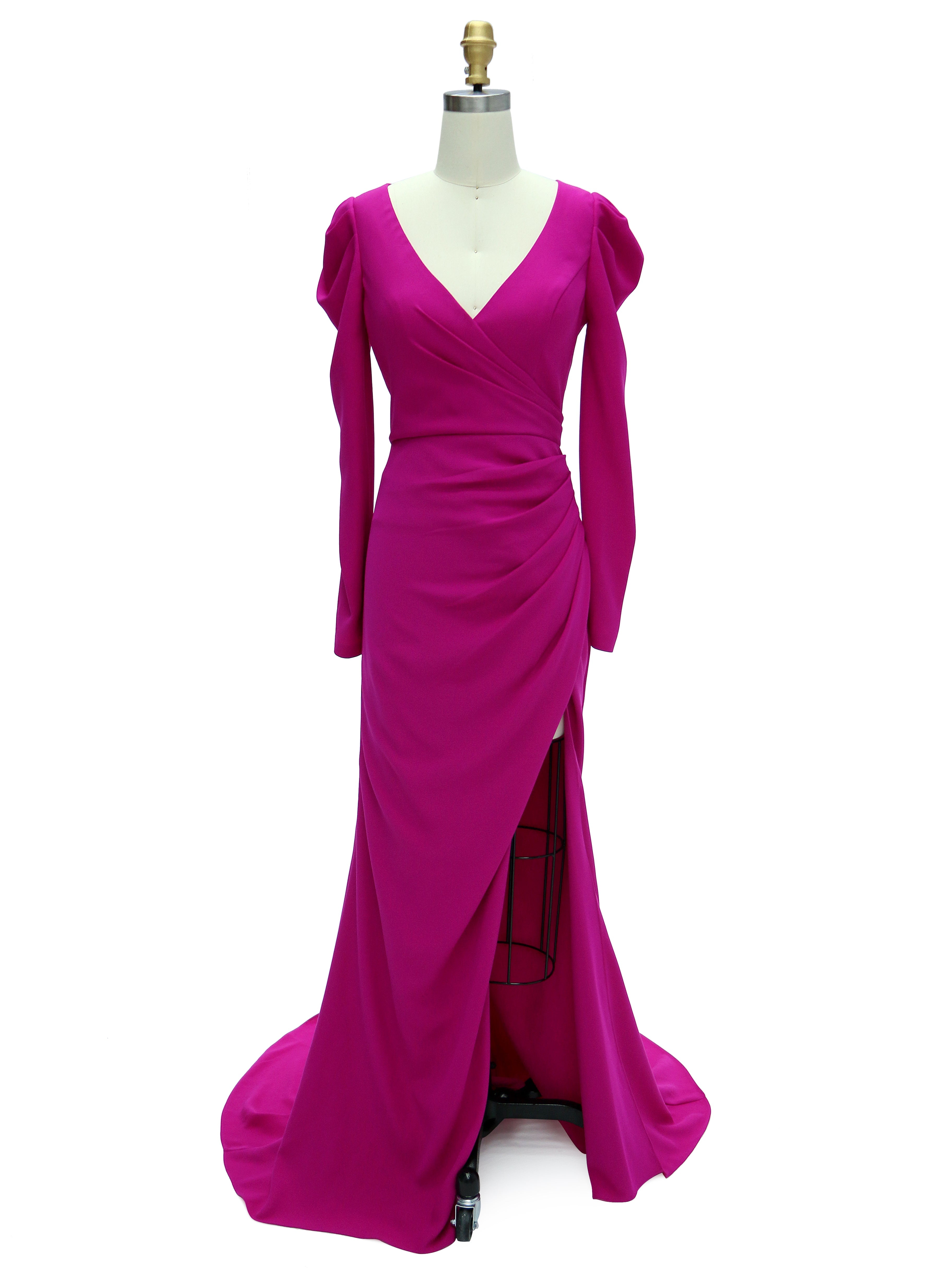 Slim Fit V Neck Magenta Satin Prom Dresses High Split YE2526