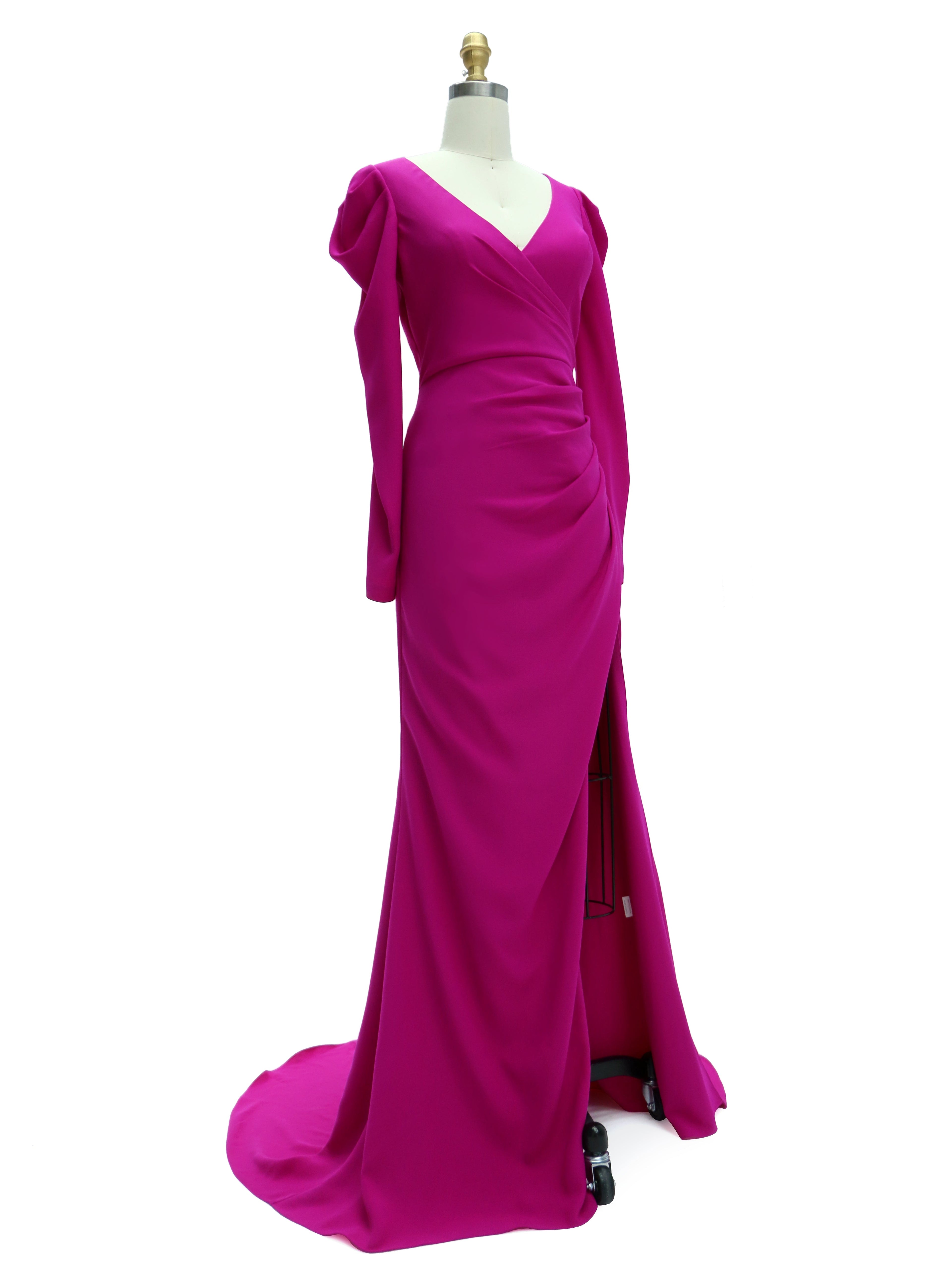 Slim Fit V Neck Magenta Satin Prom Dresses High Split YE2526
