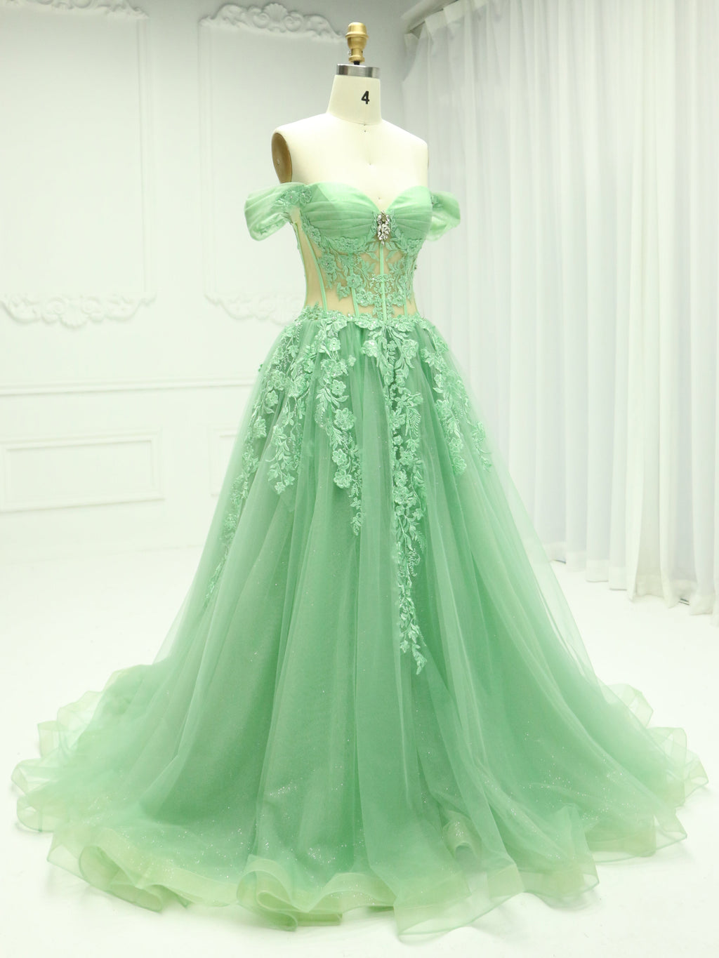 A Line Sage Green Off-Shoulder Colorful Wedding Dresses with Emboidery Lace Custom Colors YE2531