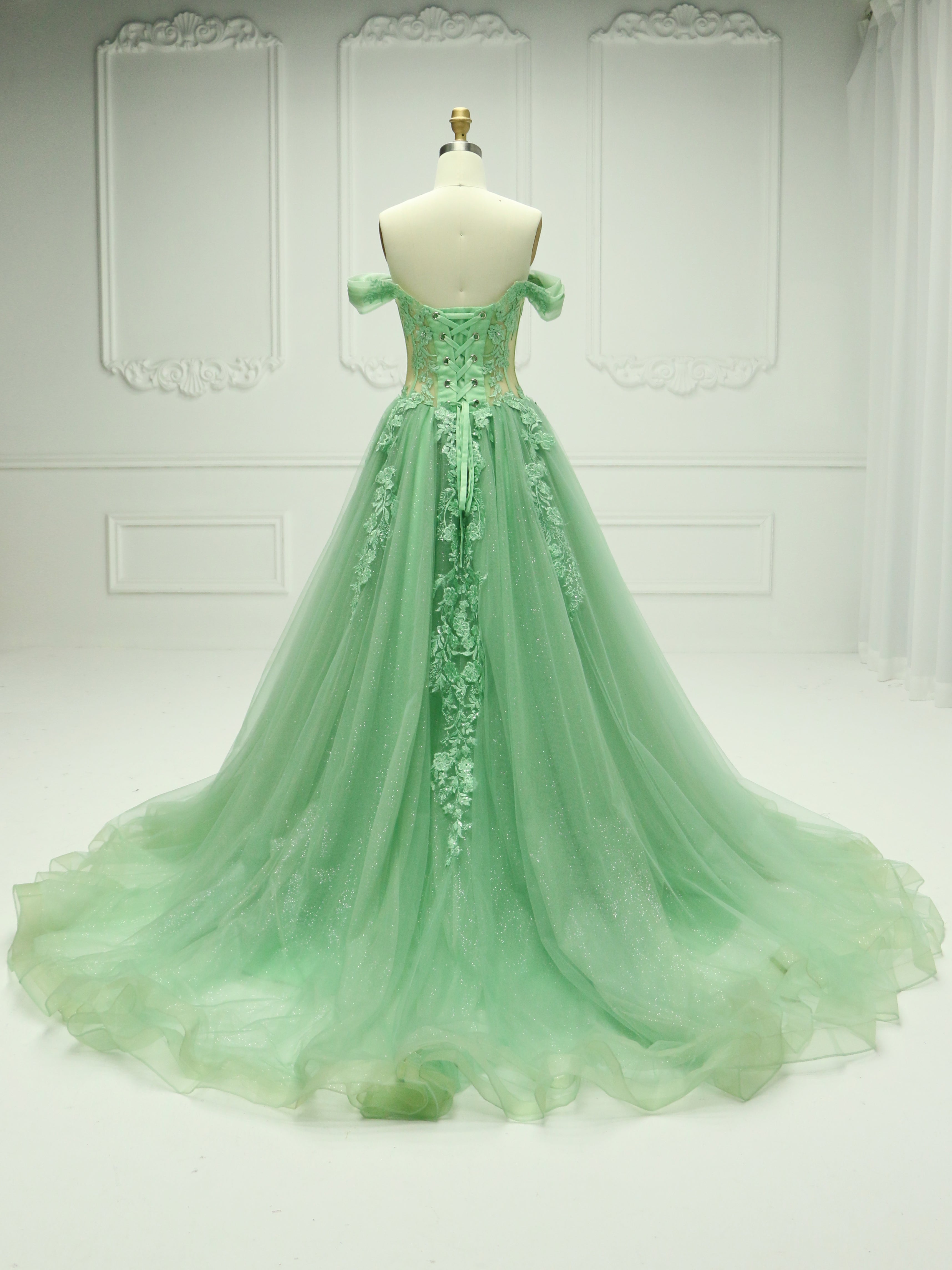 A Line Sage Green Off-Shoulder Colorful Wedding Dresses with Emboidery Lace Custom Colors YE2531