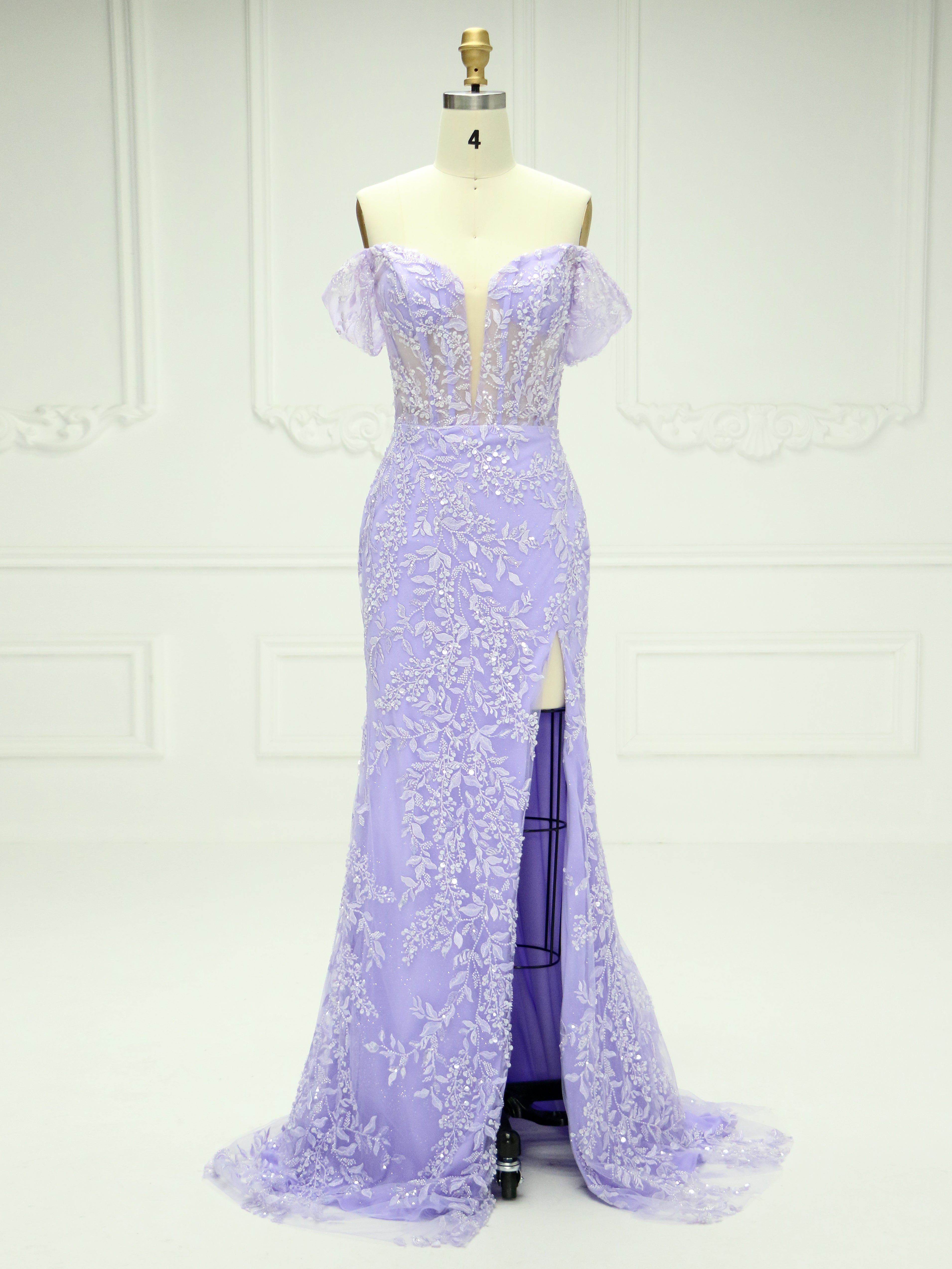Elegant Off The Shoulder Embroidery Lace tulle Lilac Prom Gown with Detachable Train YE2540