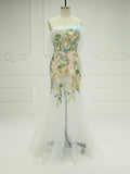 Trumpet/Mermaid Strapless Tulle Midi Floral Prom Dresses with Embroidery Lace YE2518