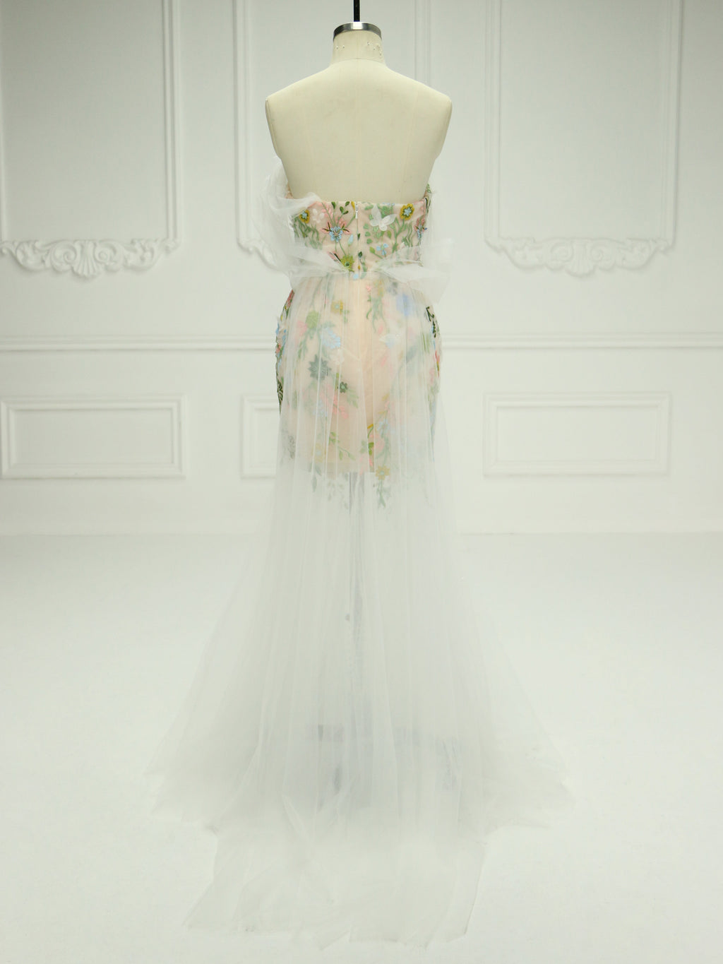 Trumpet/Mermaid Strapless Tulle Midi Floral Prom Dresses with Embroidery Lace YE2518