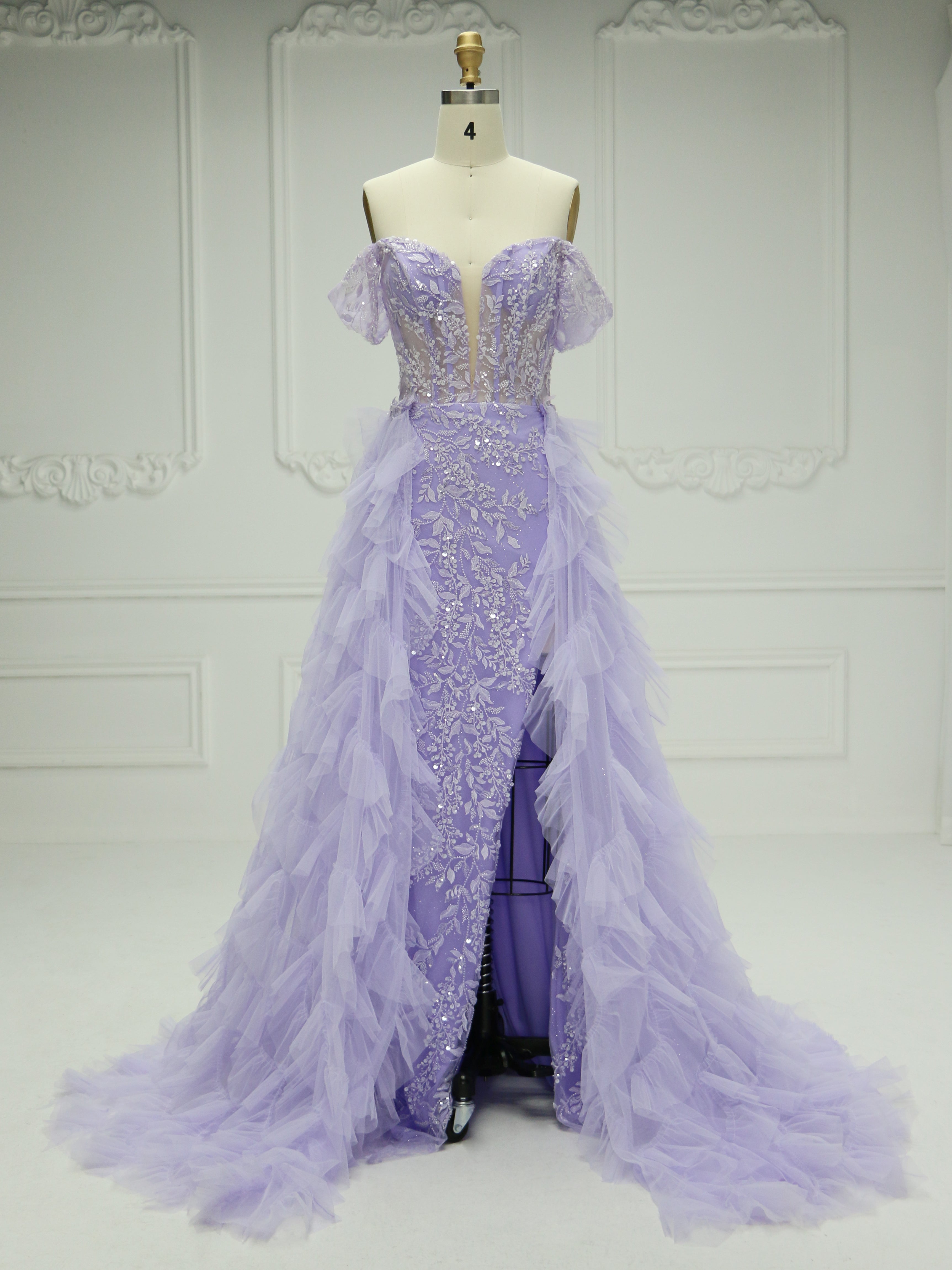 Elegant Off The Shoulder Embroidery Lace tulle Lilac Prom Gown with Detachable Train YE2540