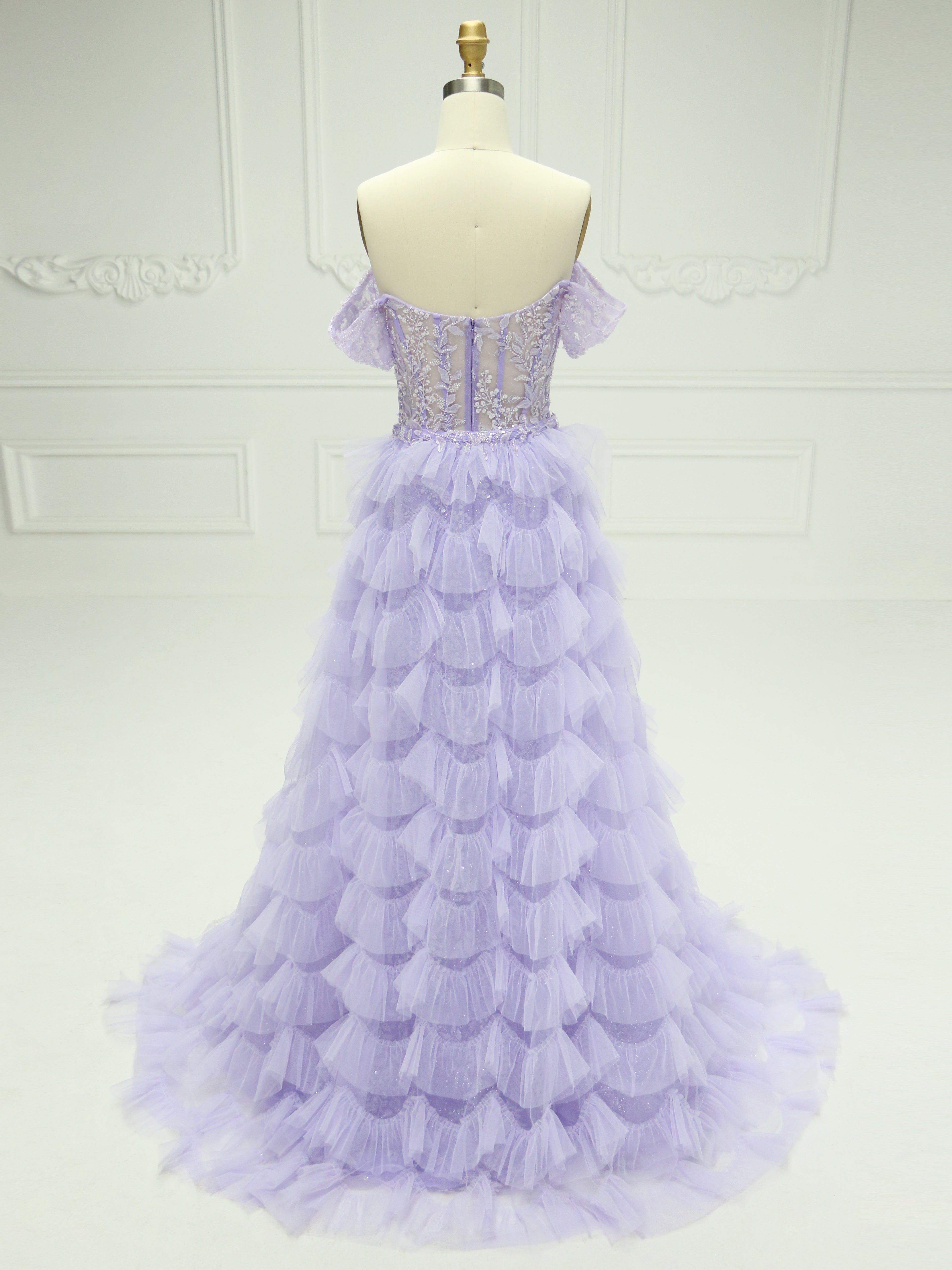 Elegant Off The Shoulder Embroidery Lace tulle Lilac Prom Gown with Detachable Train YE2540