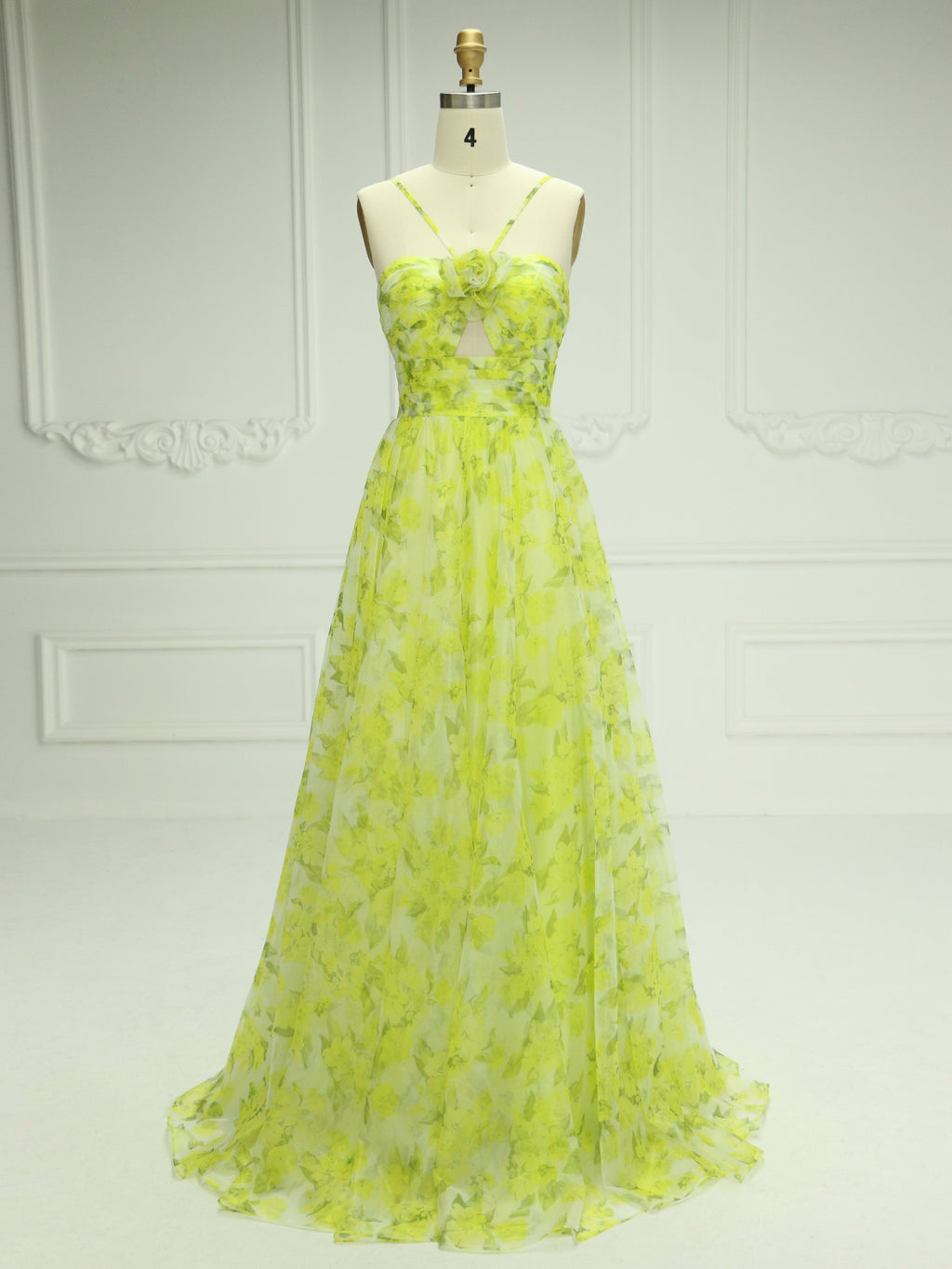 A Line Cutout Straps Floral Print Tulle Prom Dress YE2548