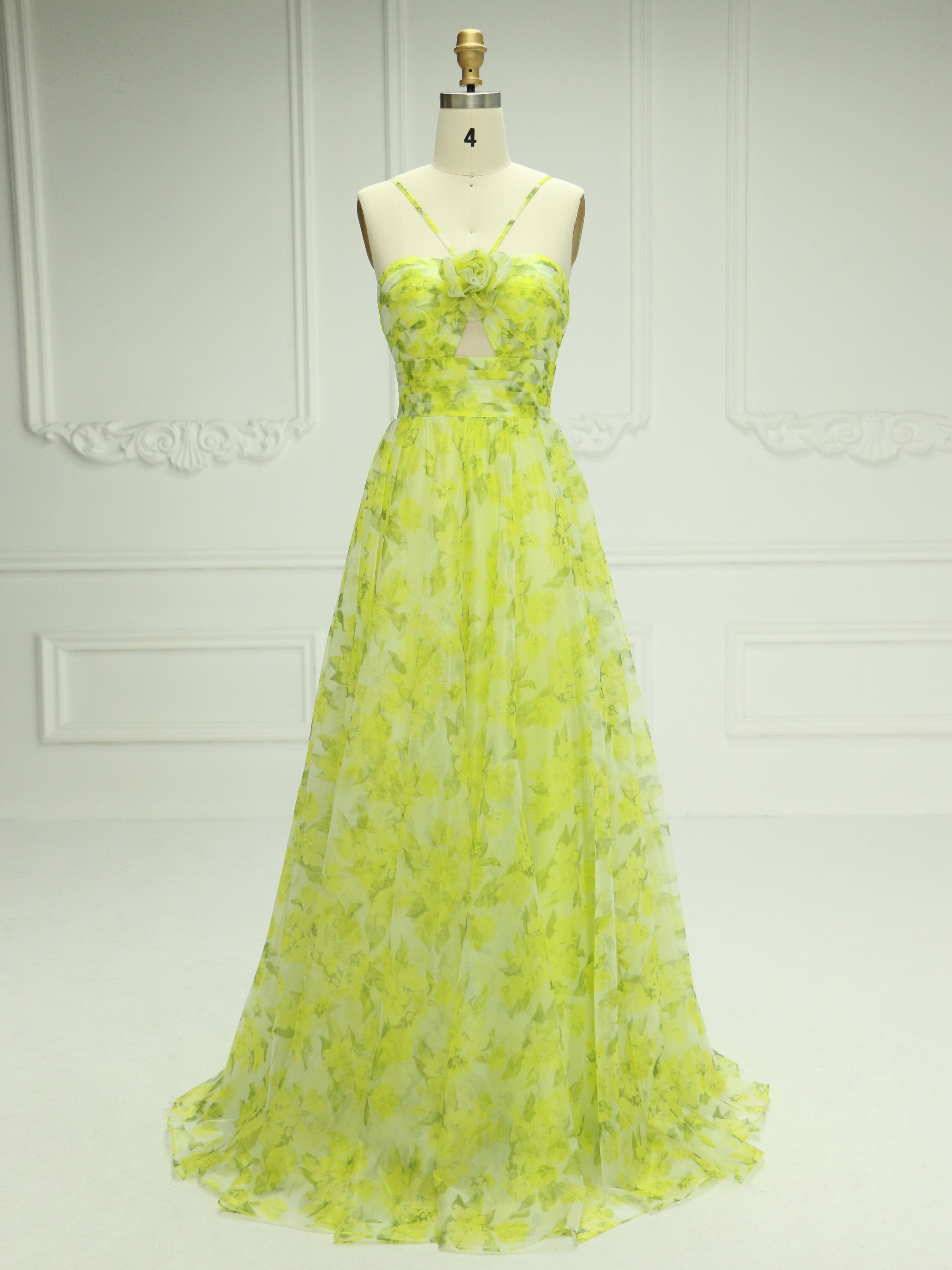 A Line Cutout Straps Floral Print Tulle Prom Dress YE2548