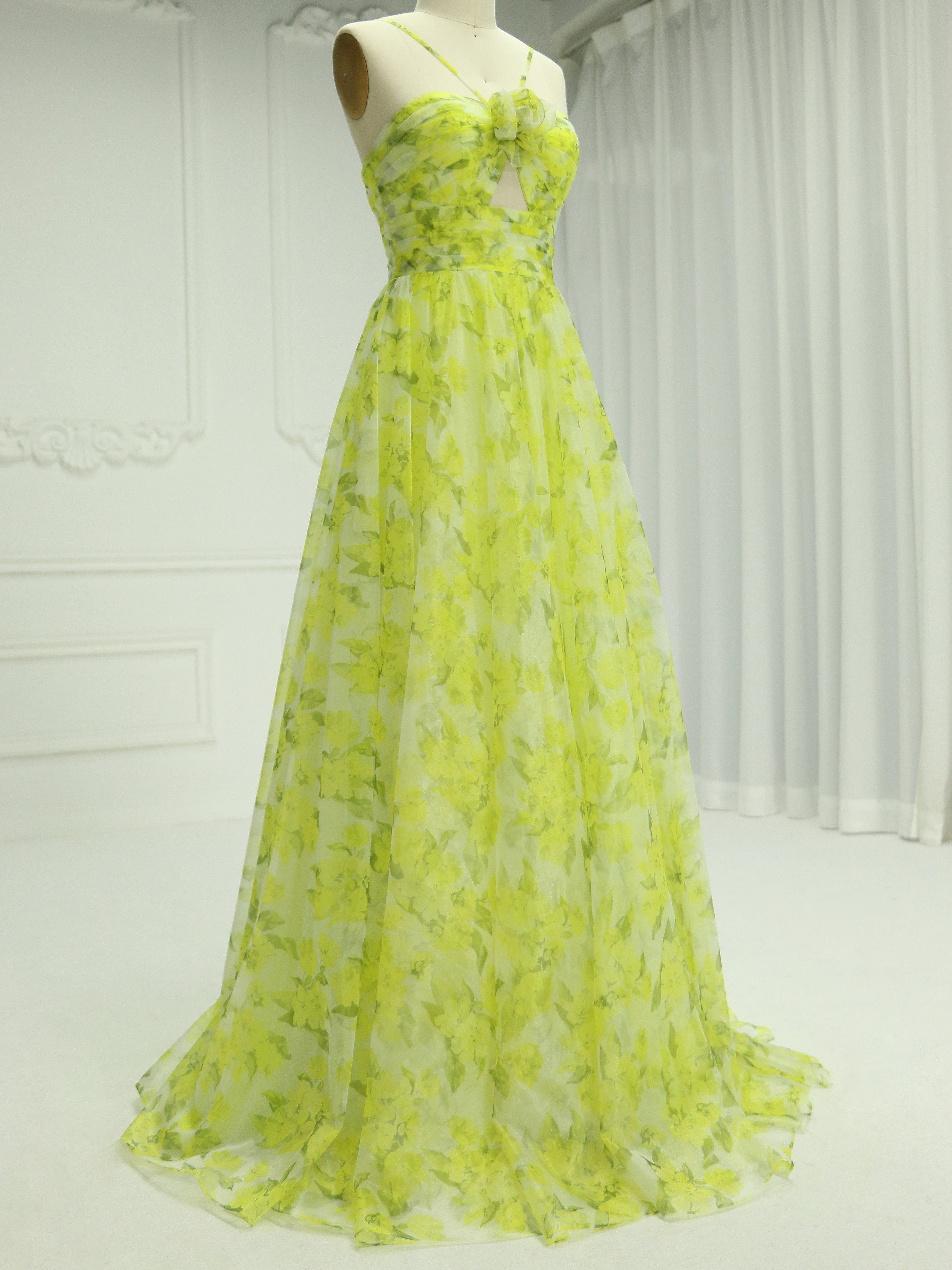 A Line Cutout Straps Floral Print Tulle Prom Dress YE2548