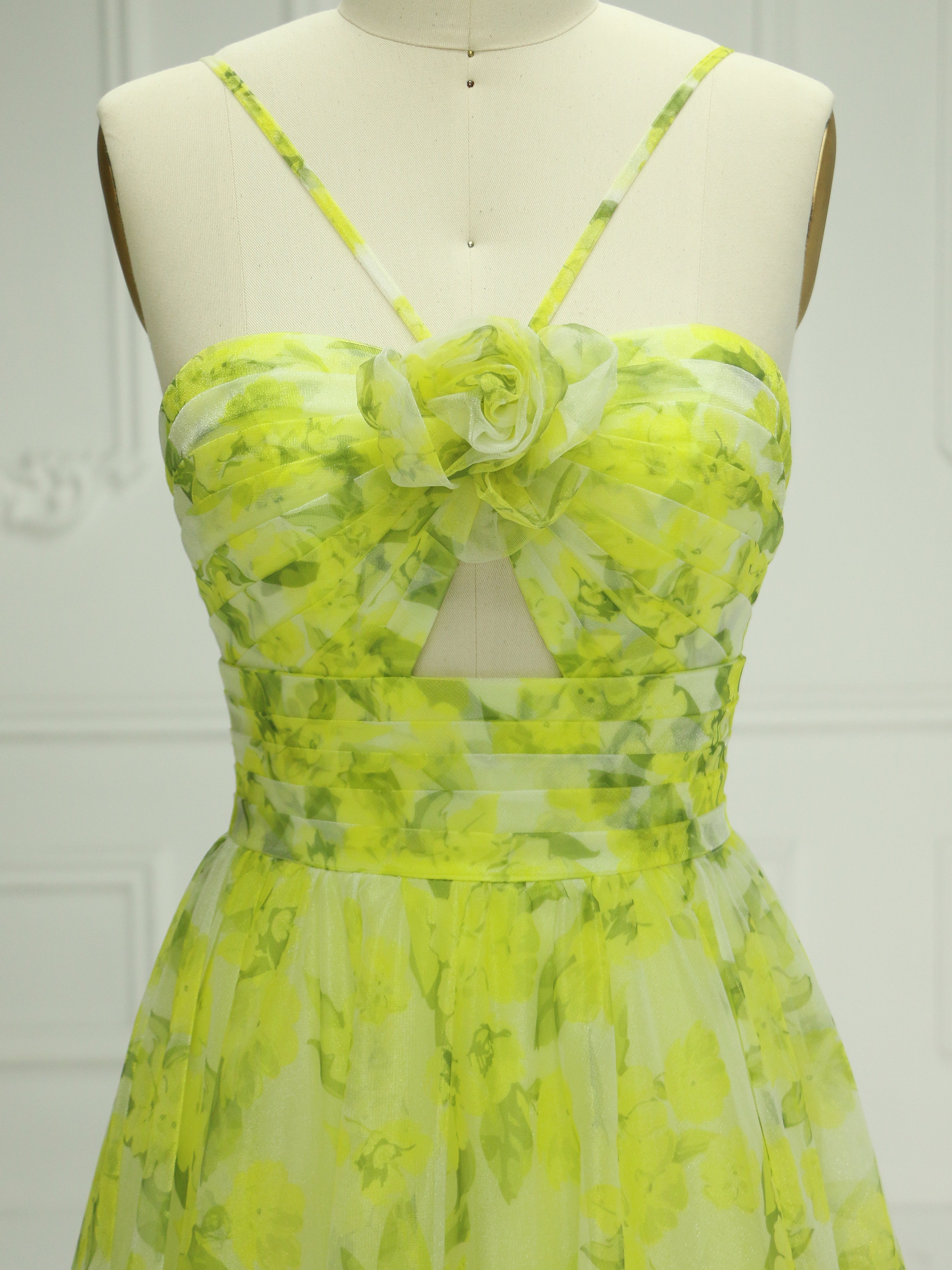 A Line Cutout Straps Floral Print Tulle Prom Dress YE2548