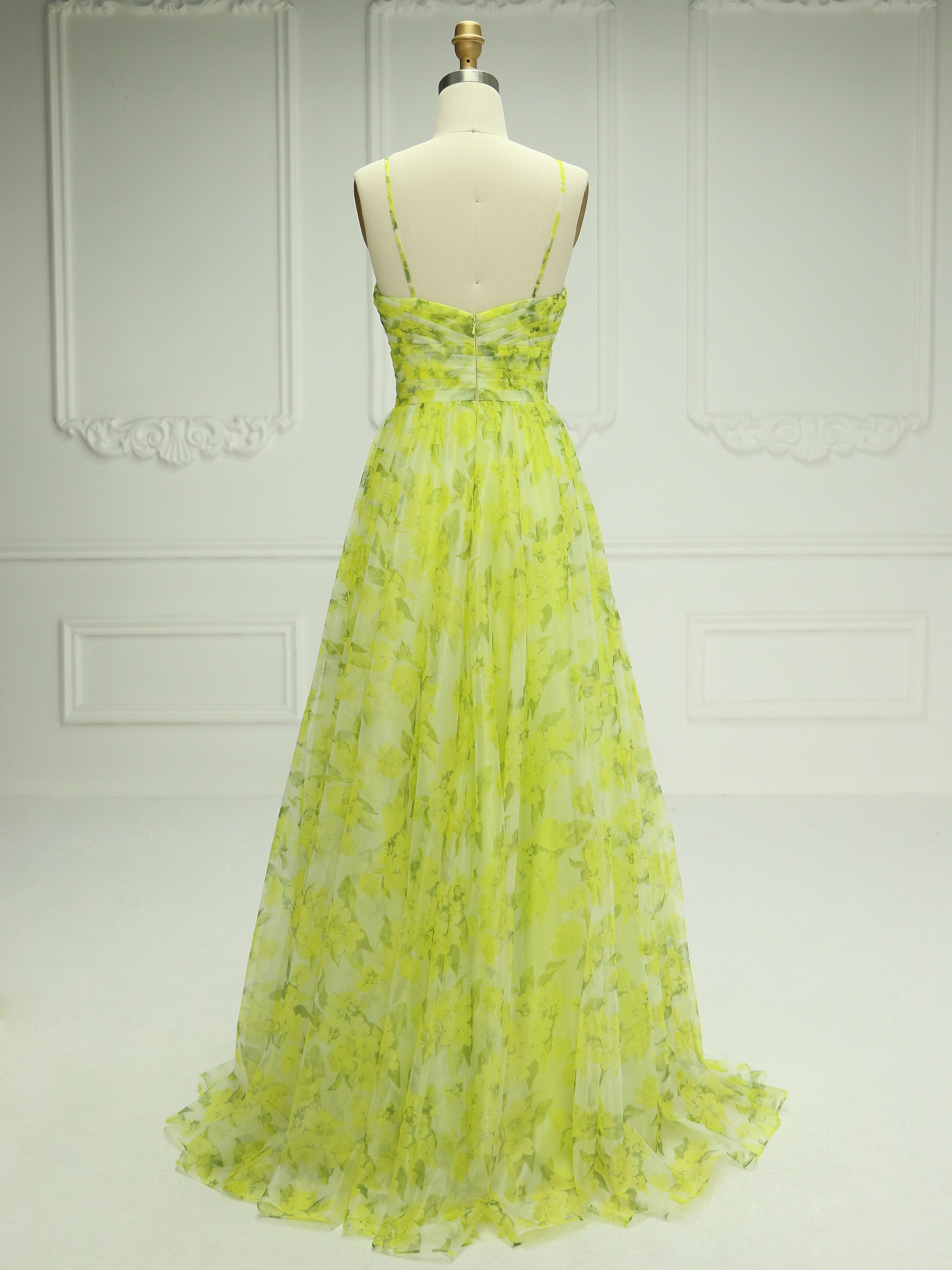 A Line Cutout Straps Floral Print Tulle Prom Dress YE2548