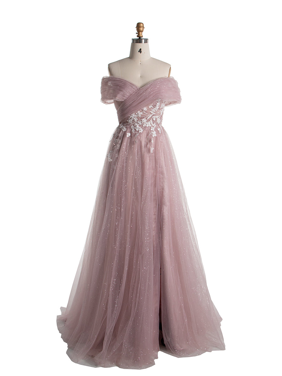 A-line Off The Shoulder Dusty Pink Tulle Prom Dresses with Lace YE2529