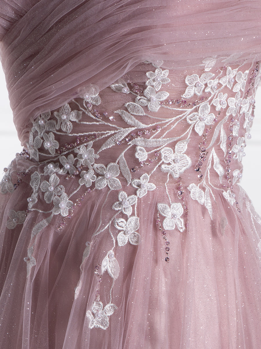 A-line Off The Shoulder Dusty Pink Tulle Prom Dresses with Lace YE2529